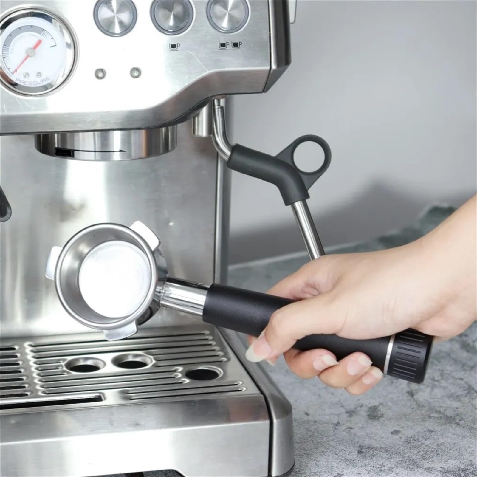 Portafiltro sin fondo (1 unidad) compatible con mango de cafetera espresso acero inoxidable para Café(Silver,51mm)