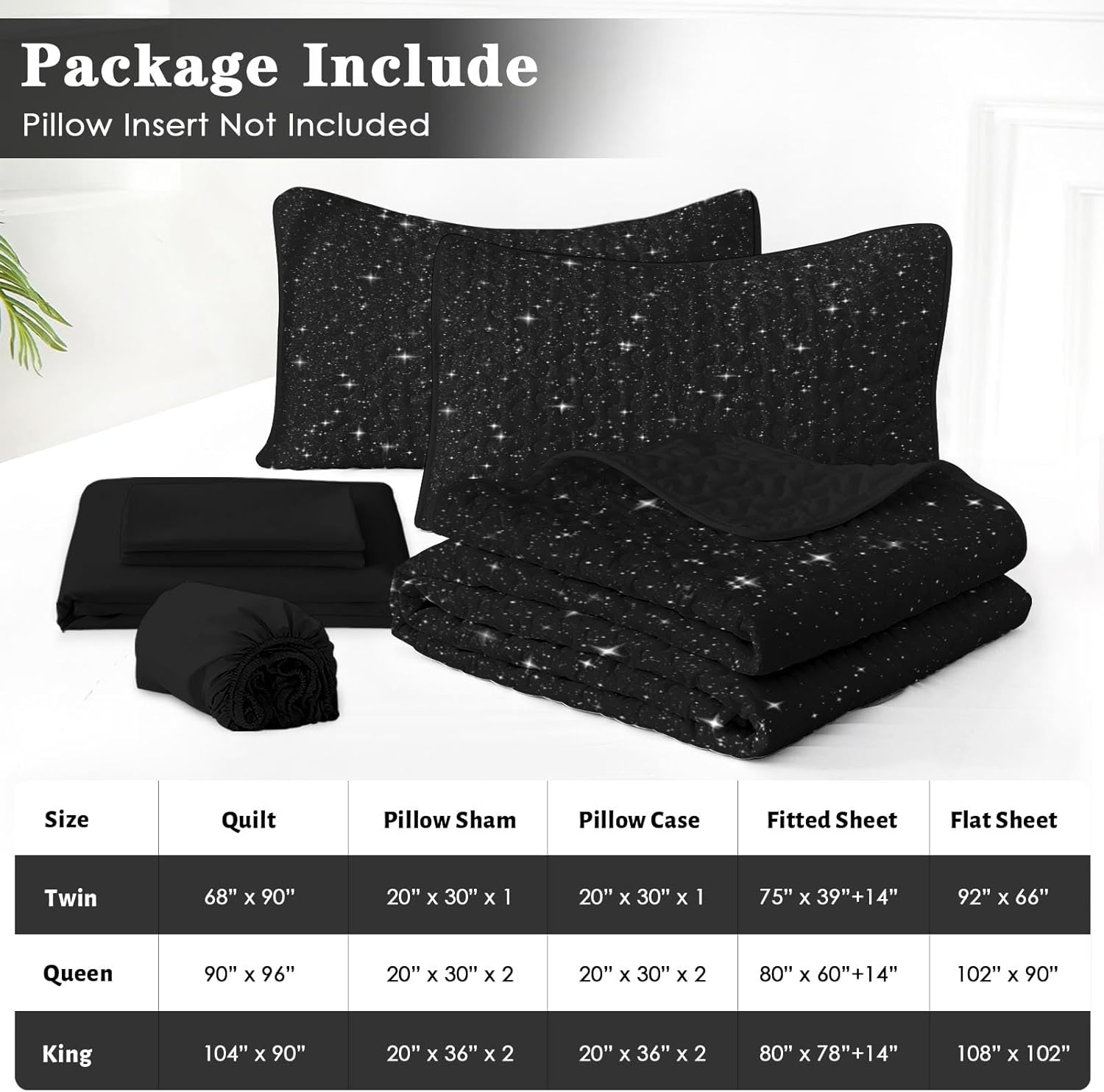 Pamnest 7 Pcs Quilt Set King Size, Galaxy Stars Space Soft Bed Cover Bedding Set for Kids and Adults, Night Black Sky Bedspread with Fitted Sheet 2 Pillowcases & 2 Shams for All Season