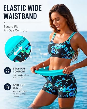 Women's 3 Piece Tankini Swimsuit Tummy Control Bathing Suit with Boy Shorts