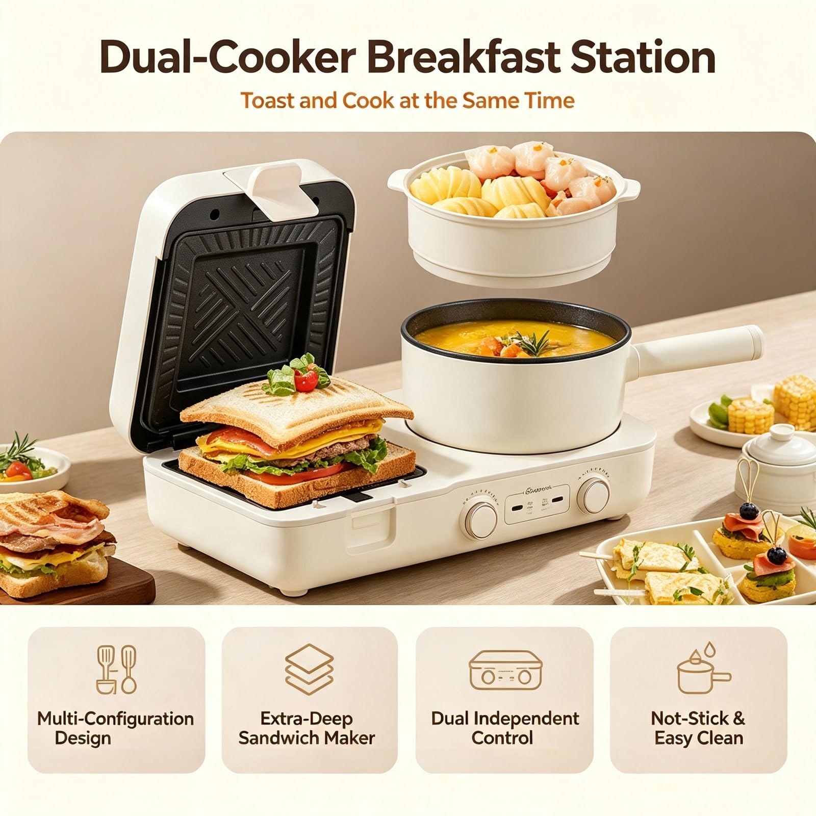 2-in-1-Frühstücksmaschine, 1400 W, zwei unabhängige Kochzonen | Antihaftbeschichtete Grillpfanne, herausnehmbarer Innentopf, Cool-Touch-Griff und spülmaschinenfeste Teile for Wohnungen