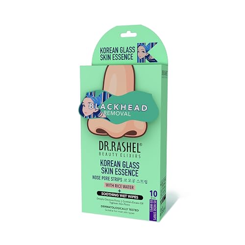 DR.RASHEL Korean Nose Pore Strips | With 1% ceramides and Rice Water | Deep Cleansing | Pore Tightening | Blackhead Removal | 5 Strips + 5 Wipes