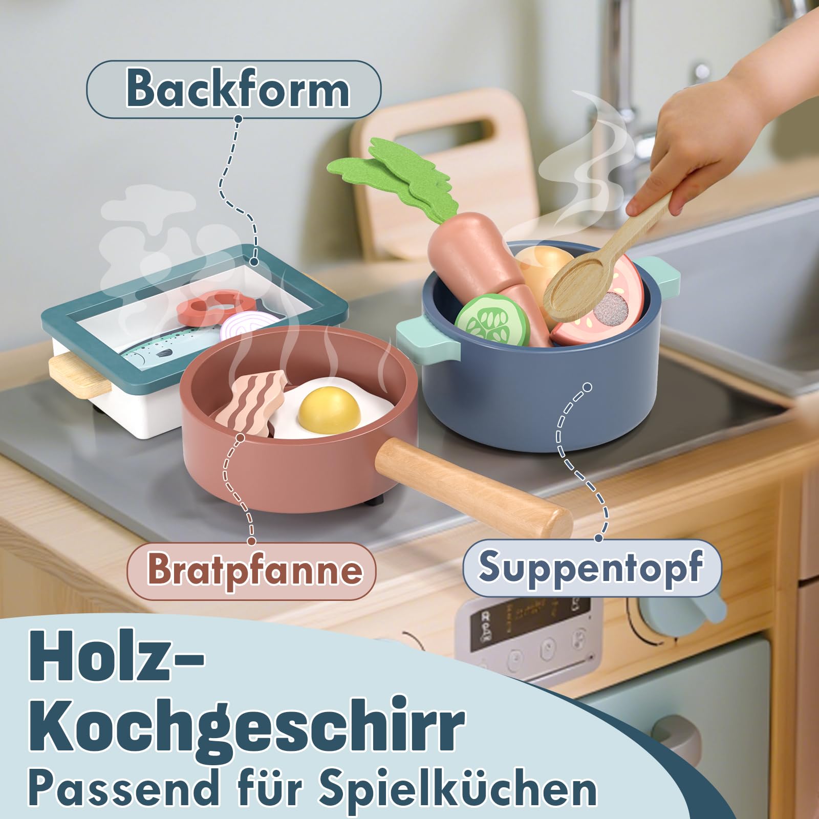 Lehoo Castle Kinderküche Zubehör, Spielküche Zubehör Holz, Kinder Küchenset, Kinderküche Geschirr mit Töpfe und Kochgeschirr, Spielzeug ab 3 Jahre