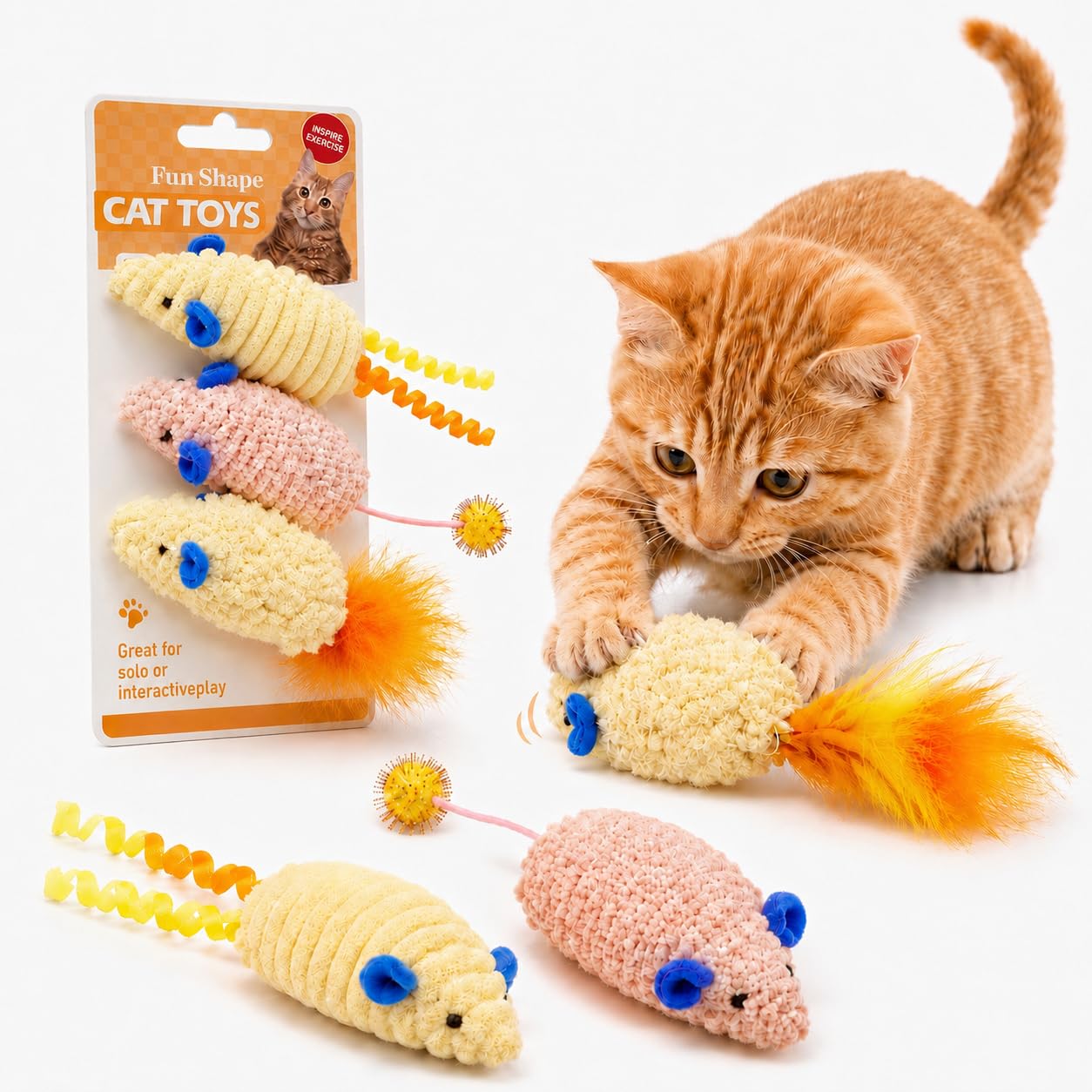 Ratones interactivos para gatos con cola de sonajero y plumas que activan el instinto de caza