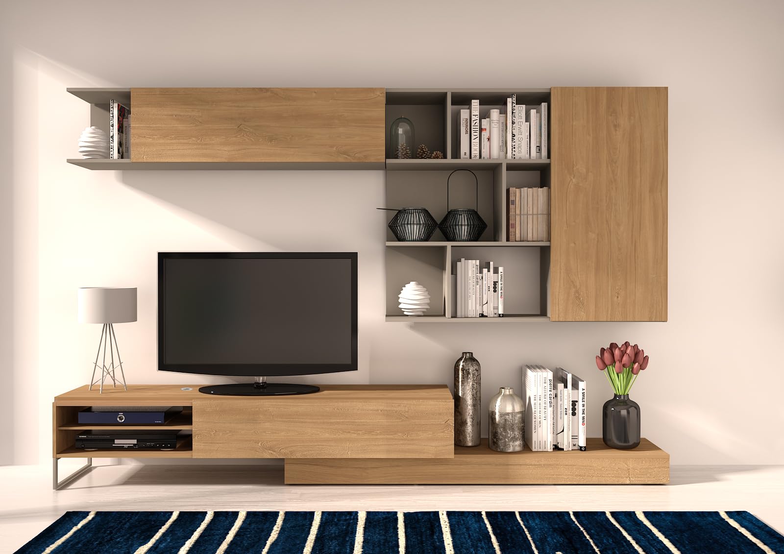 Mobelcenter, Mueble de Salón Enio Reversible, Módulo TV y Módulo Superior, Acabado en Color Roble Kansas y Gris, Medidas: Ancho: 272-309 cm x Fondo: 44 cm x Alto: 102 cm (1648)