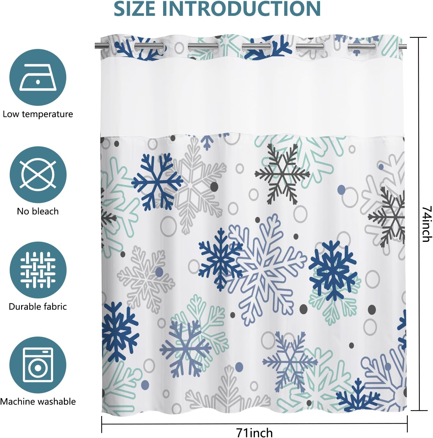 MEHOFOND No Hook Winter Snowflake Shower Curtain, Hookless Christmas Shower Curtain,Light Blue Xmas New Year Holiday Bathroom Bathtubs Decor with Snap in Liner, Waterproof Polyester Fabric 71X74in