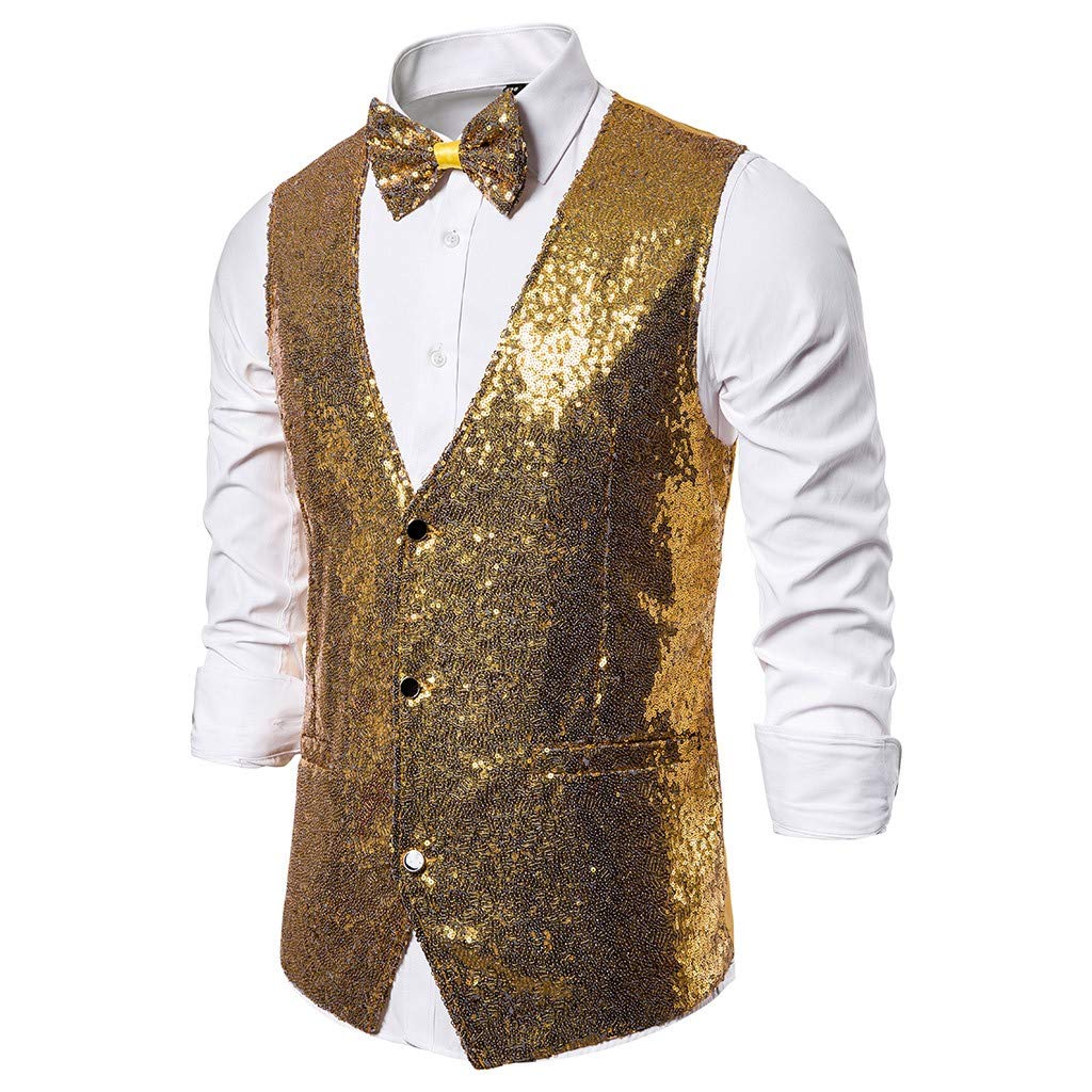 Gilet Costume Homme Ensemble,Gilet à Paillettes pour Hommes + Cravate,Sequin Veste à Paillette Gilets sans Manche,Tenue De Soiree pour Fête,Carnaval (Chemise Non Incluse)