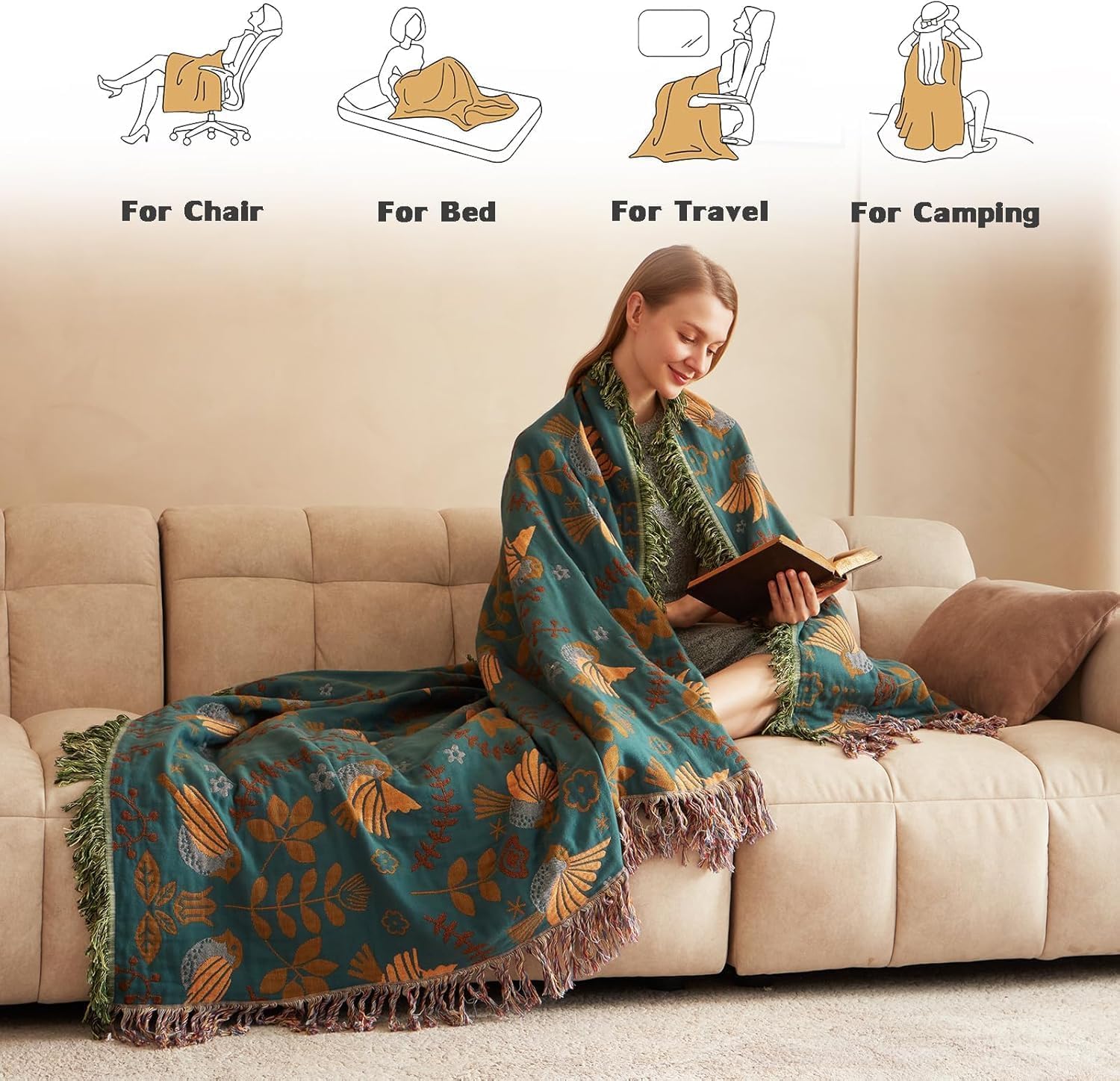 Boho Throw Blanket for Bed 100% Cotton Soft Quilt Lightweight Blanket Bird Floral Embroidery Farmhouse Room Decor Twin Bed Blankets,60"×80" All Season Breathable Throw for Sofa&Couch Chair - Image 7