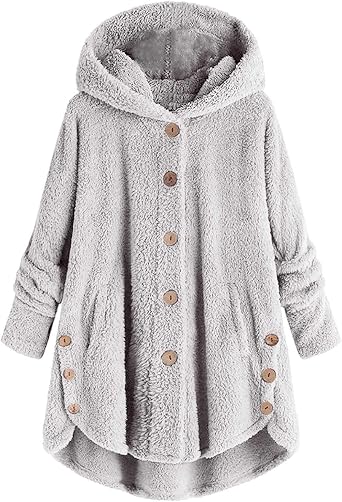 Teddy Bear Fleece Jacket Women Oversized-Fit Long Sleeve Button Down Fluffy Fuzzy Hoodie Blanket Sherpa Pullover Tops