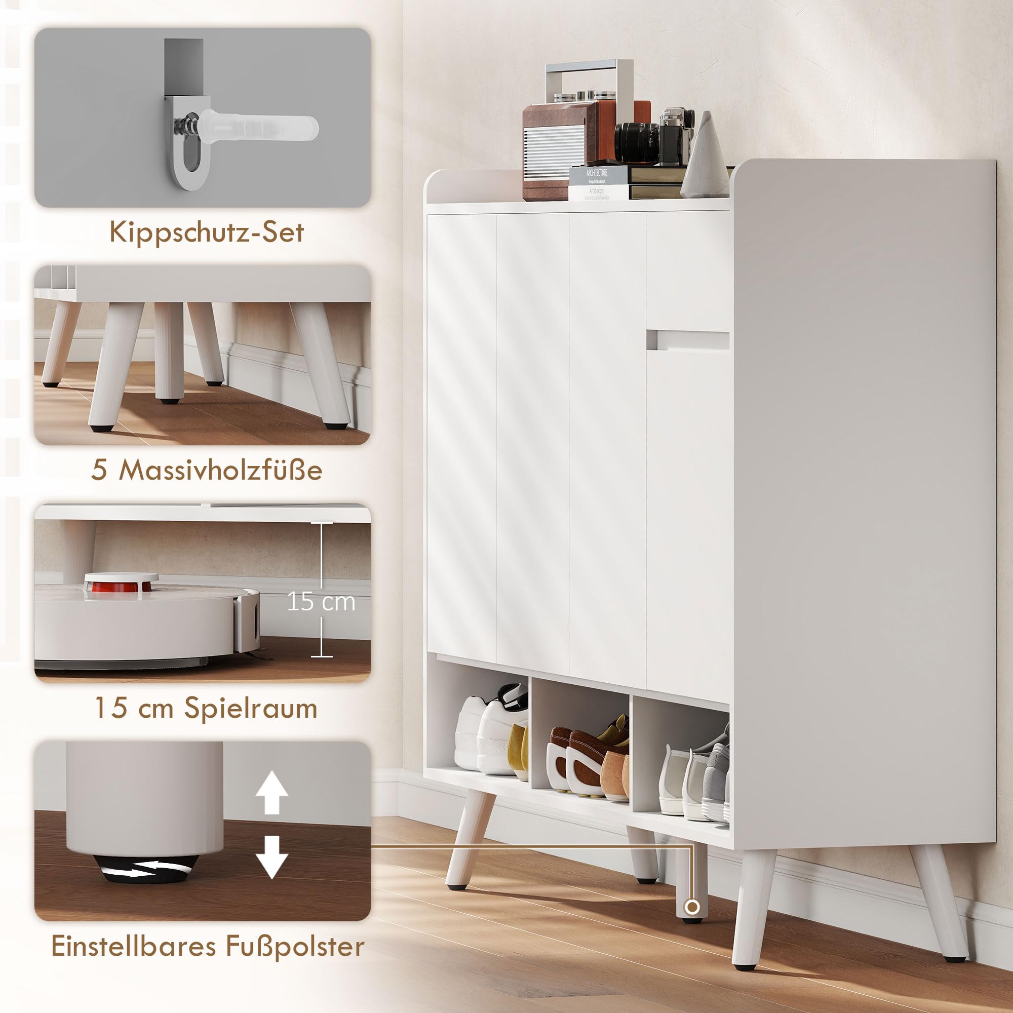 HOMCOM Schuhschrank mit 4 Tür, Druck-zum-Öffnen 120 x 35 x 100 cm Weiß