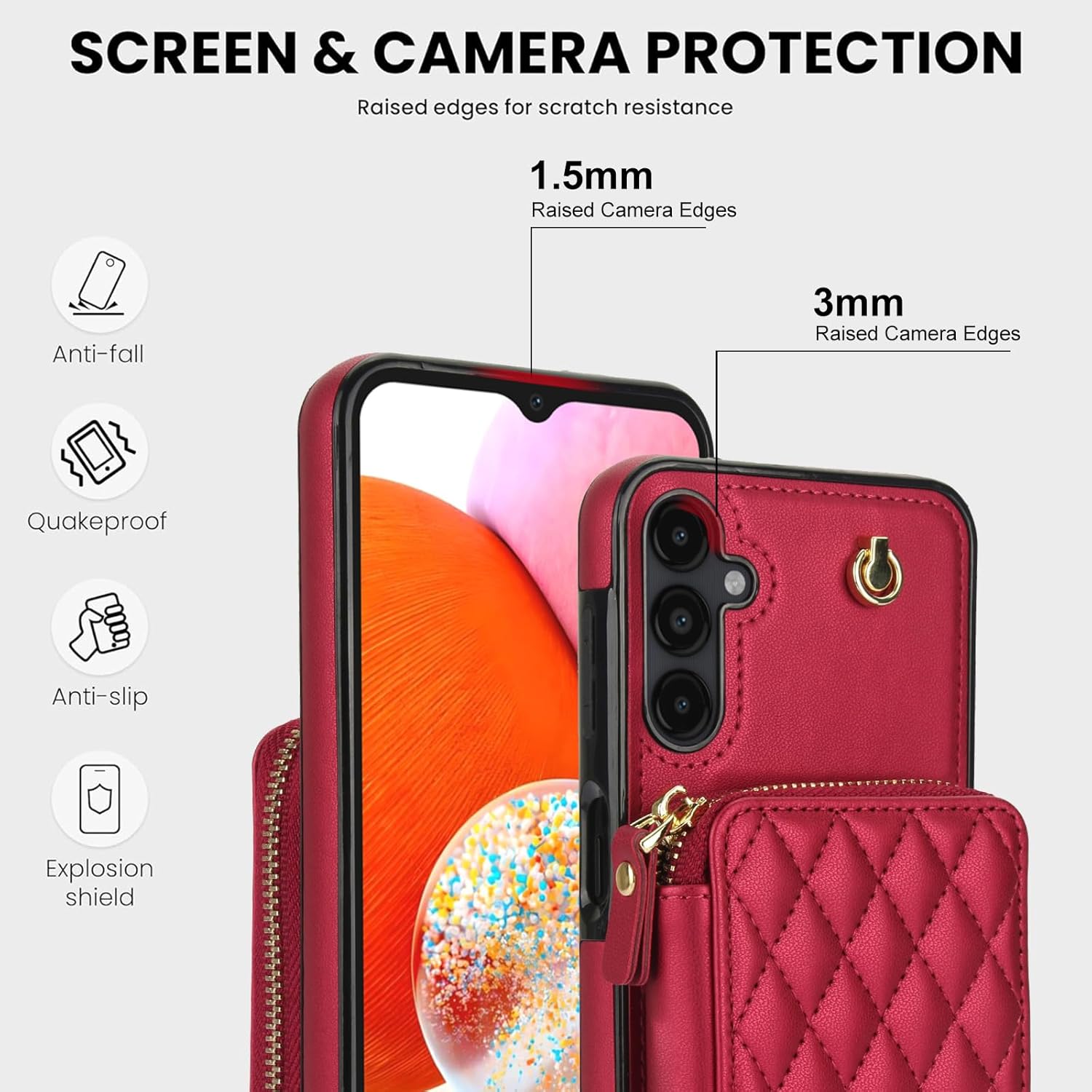 Phone Case for Samsung Galaxy A16 5G/4G Zipper Wallet Cell Cover with Tempered Glass Screen Protector Wrist Crossbody Strap Lanyard Stand RFID Blocking Credit Card Holder Slot A 16 Women Girls Red