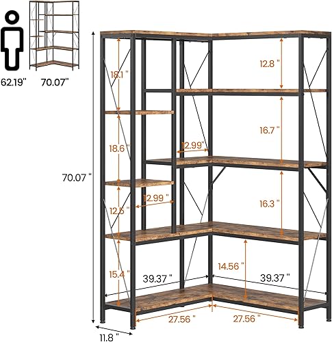 Miniatura 2 de IDEALHOUSE Estantería de esquina industrial, estantes grandes de pie, marco de metal, estantes de exhibición de 5 niveles de alto, estante rústico
