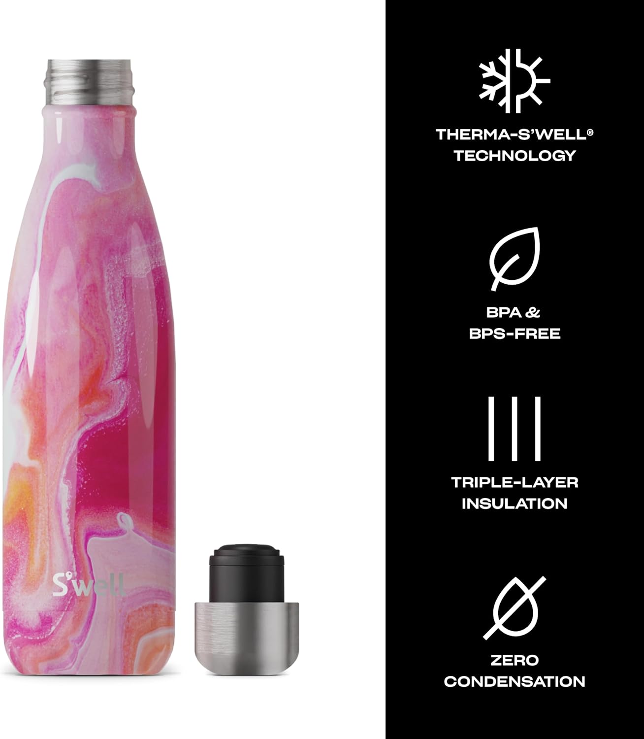 S'well Stainless Steel Water Bottle, 17oz, Rose Agate, Triple Layered Vacuum Insulated Containers Keeps Drinks Cold for 36 Hours and Hot for 18, BPA Free, Perfect for On the Go - Image 3