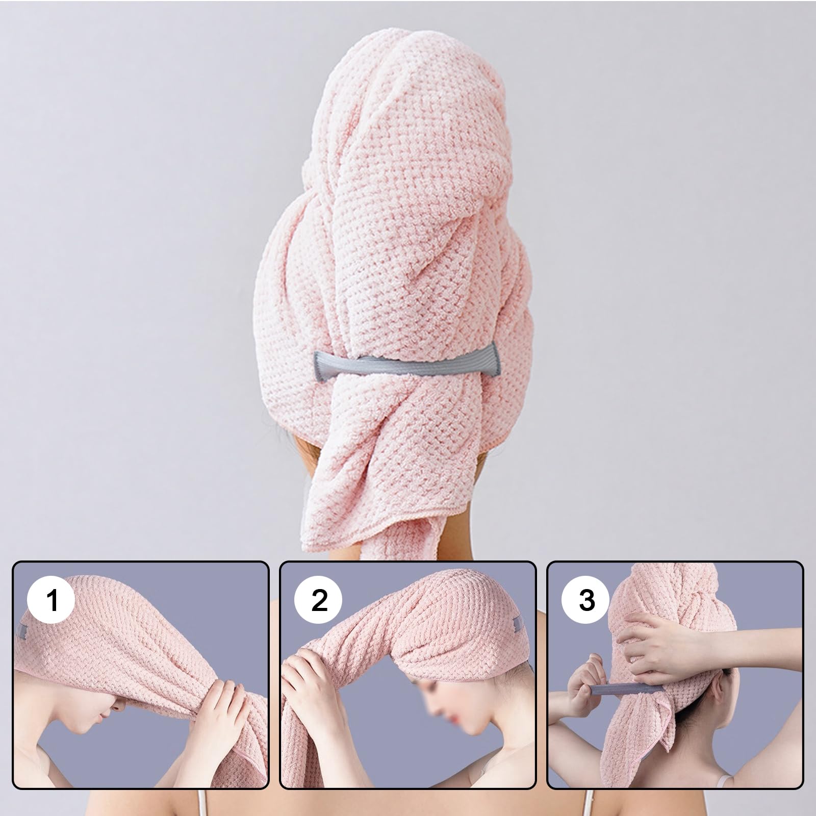 Toalla de Pelo de Microfibra Grande 103 x 60 cm, Turbante de Secado Rápido Superabsorbente con Banda Elástica