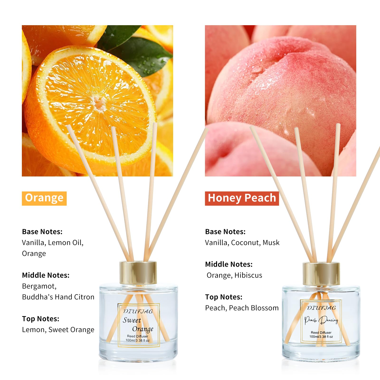 DIUFJAG Profumo per Ambienti,2 x 100ml,Arancia/Pesca,Orange Peach con 10 Bastoncini Profumati Aromaterapia,Diffusore per la casa,Reed Diffuser per Camera da Letto,Ufficio,Bagno,Scaffale