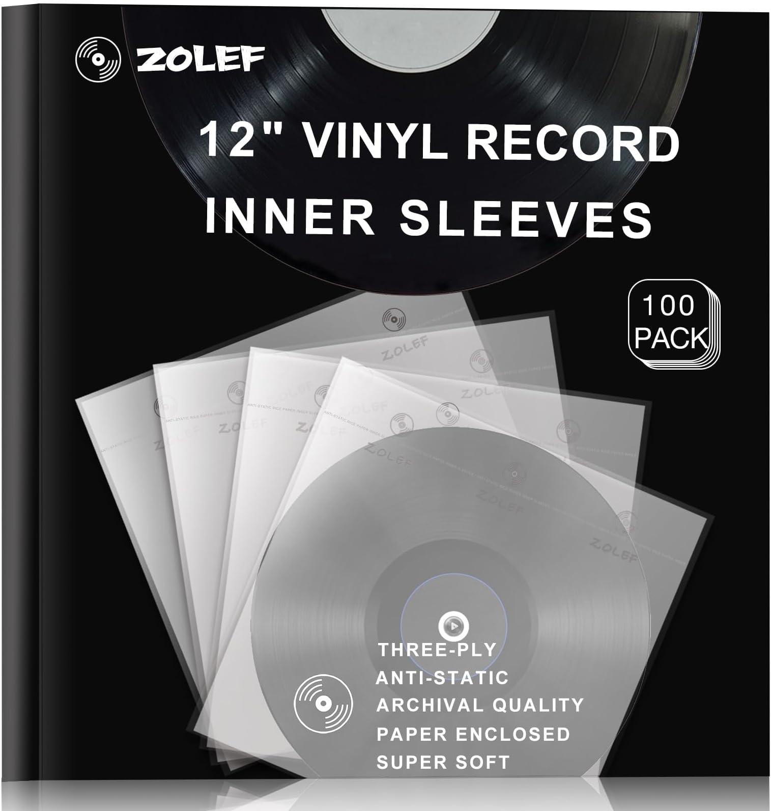 Vinyl Record Inner Sleeves 100 Pack for 12" Lp, Master Style 3-Ply Anti Static Soft Inner Sleeve with Archival Paper Enclosed for 33 RPM LP Protection (12" 100P)