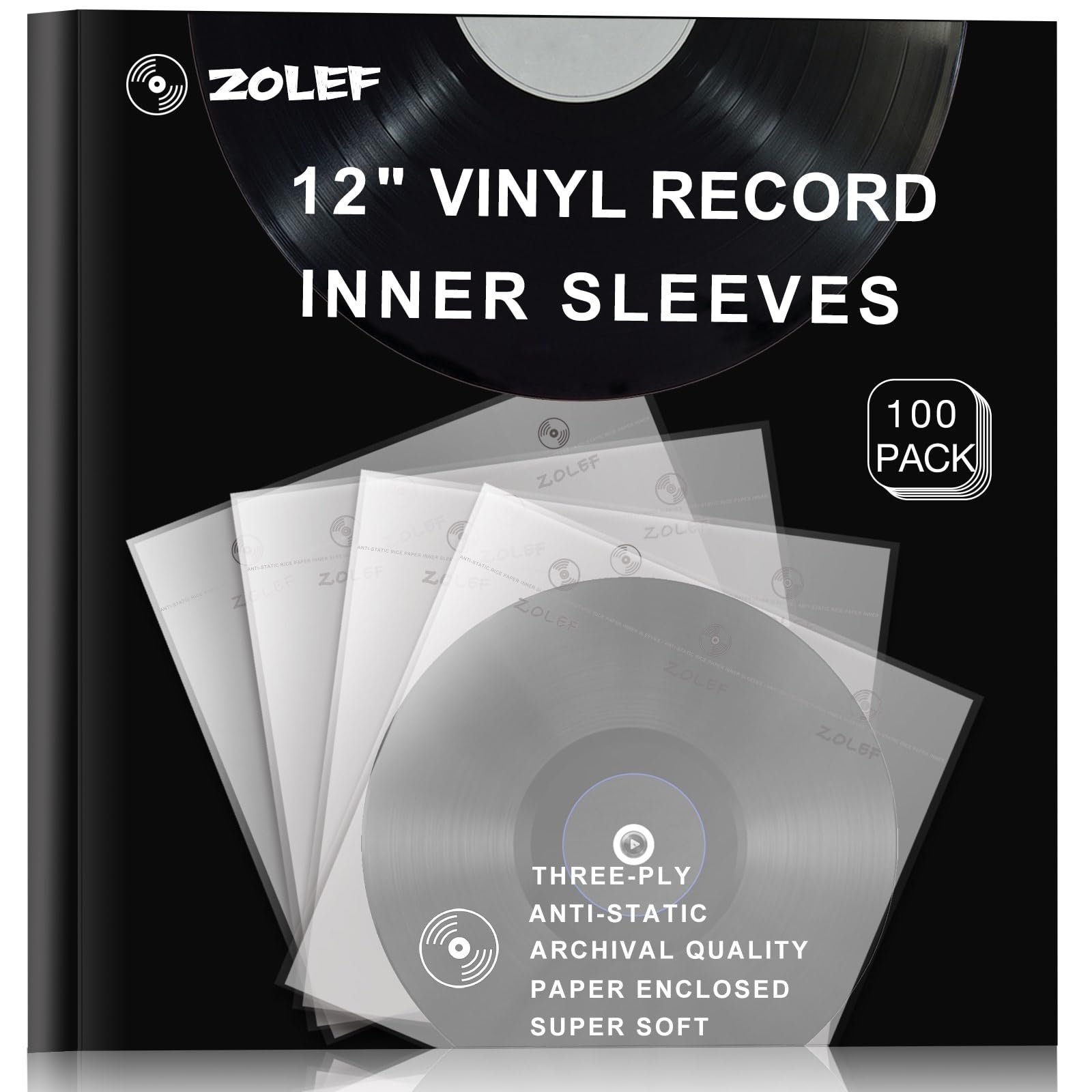 Vinyl Record Inner Sleeves 100 Pack for 12" Lp, Master Style 3-Ply Anti Static Soft Inner Sleeve with Archival Paper Enclosed for 33 RPM LP Protection (12" 100P)
