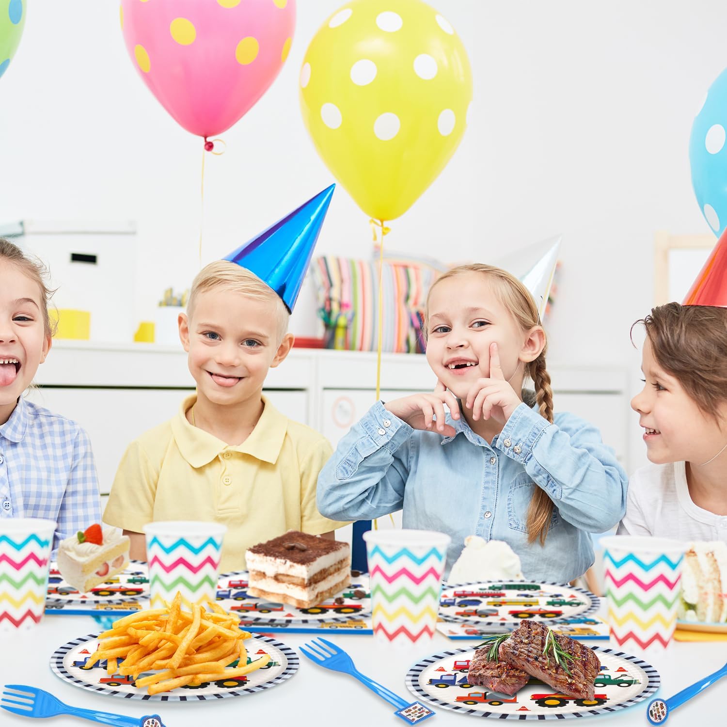 96Pcs Tansportation Party Supplies Traffic Cars Trucks Theme Tableware Set Plates Napkins Forks Serves 24 Guests Transport Vehicle Baby Shower Birthday Party Decorations - Image 6