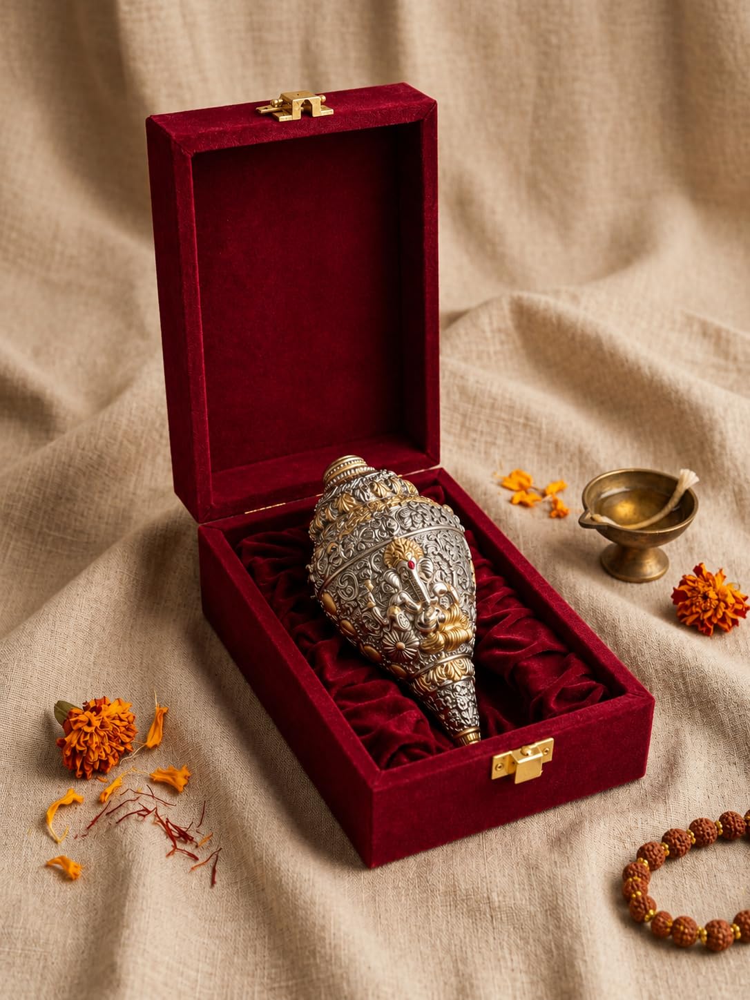 999 Pure Silver Plated & 24K Gold Plated Ganesh Shankh Idol (5.5 Inch) – Dual Tone Sacred Conch Shell Ganpati Murti | Vastu Showpiece for Home Temple, Altar, Wealth & Success | Auspicious Pooja Gift