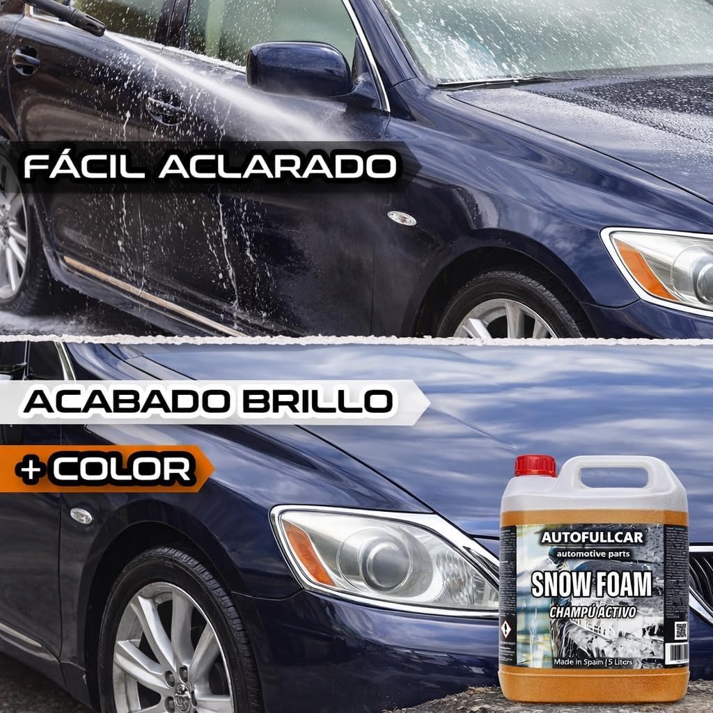 AutoFullCar Snow Foam 5 Litros, Champu Activo Coche PH Neutro, Lavado Carroceria, Alto Poder Espumante, Incluye Foamer Manual, Limpieza y Brillo Duradero