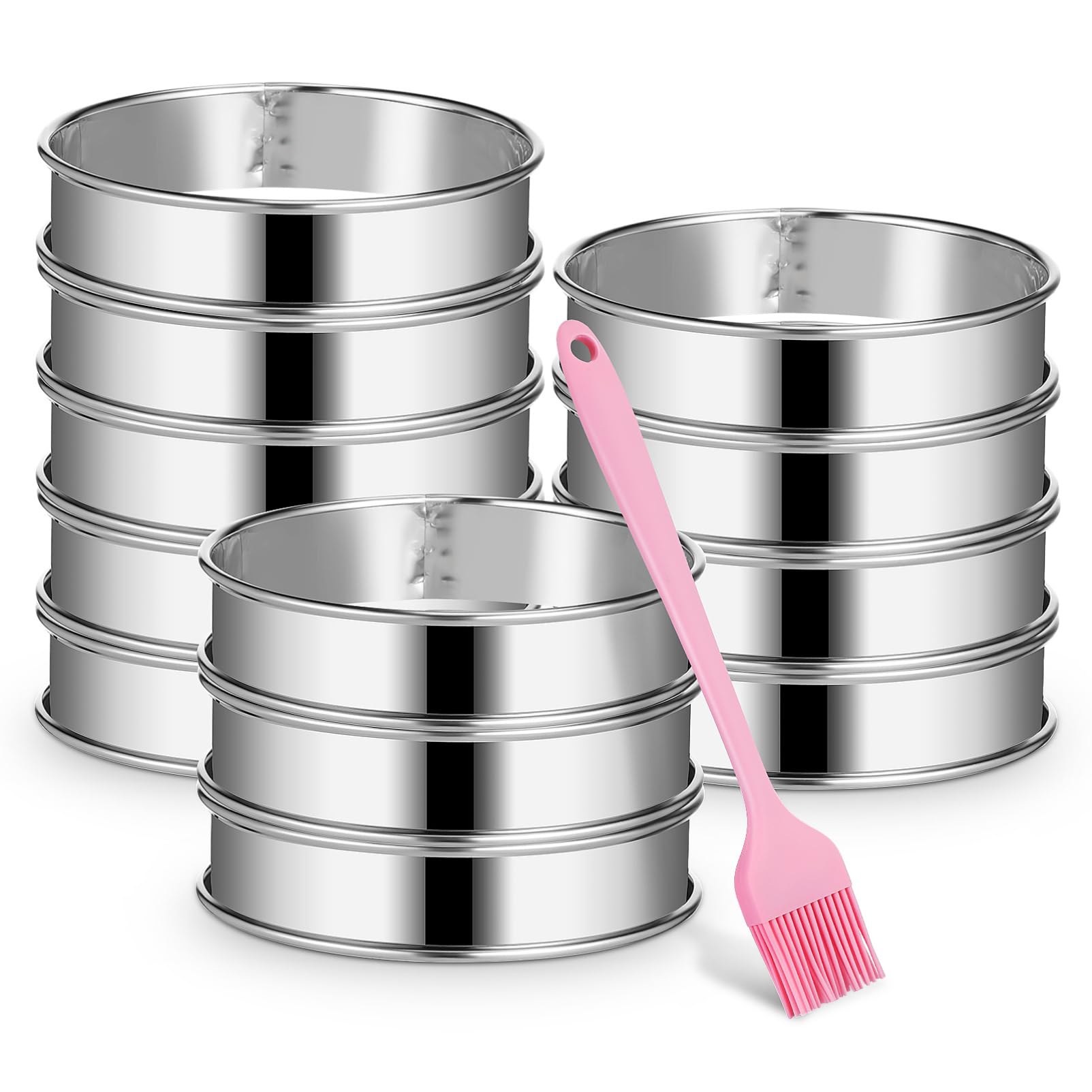 PRETYZOOM 1set Stainless Steel Muffin Rings with Basting Brush Round Cookie Baking Rolled-edge Design for Cookies Cakes and Burgers Easy to Clean