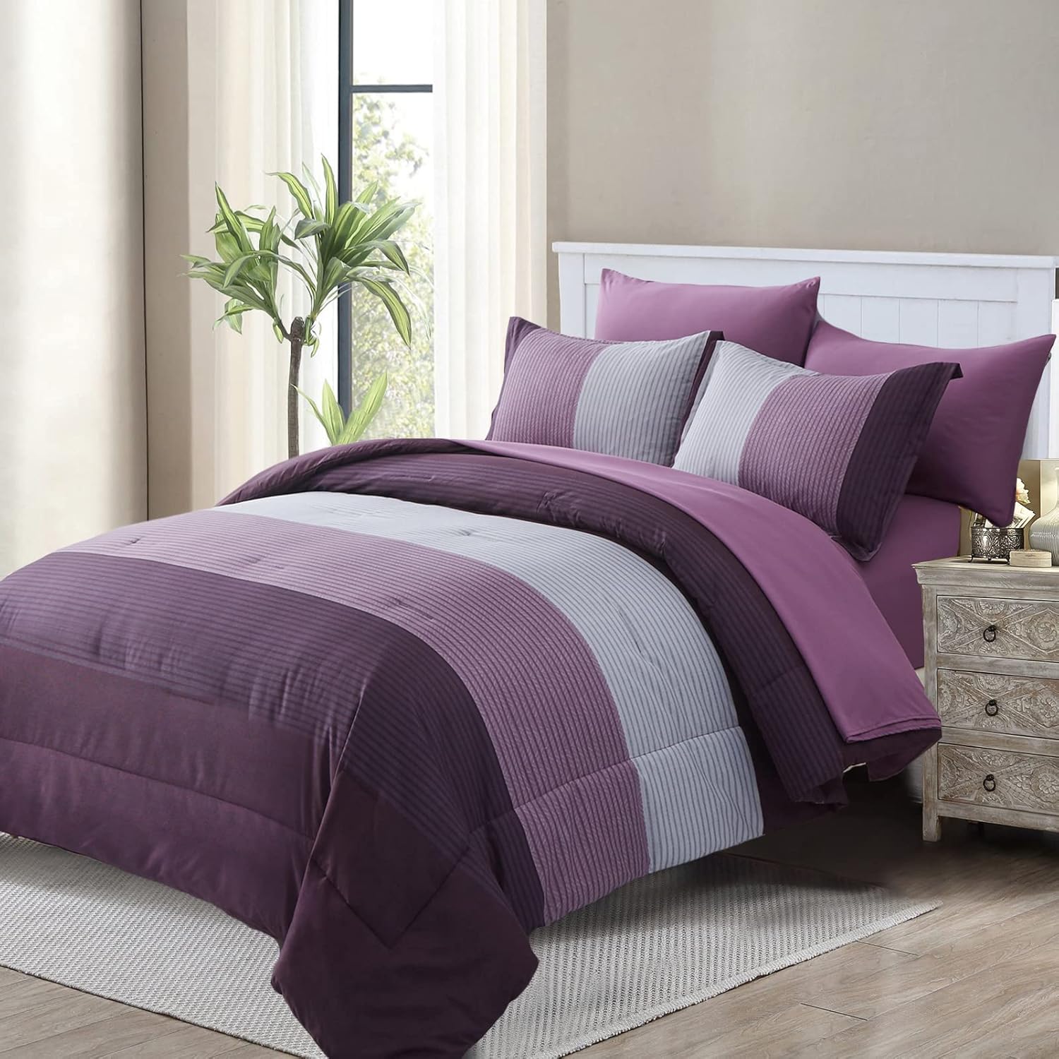WONGS BEDDING Purple Comforter Set Queen, Reversible Purple Striped Patchwork Alternative Comforte Set for Queen Bed,3 Pieces(1 Comforter+2 Pillowcases), Soft Microfiber Bedding Set 90”×90” Queen Purple