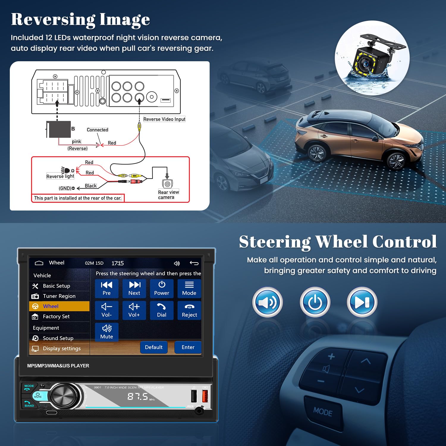Hikity 7" 1 DIN CarPlay Autoradio avec Bluetooth FM Caméra de Recul | Écran Tactile Android Auto Wireless CarPlay Mirror Link EQ Commandes au Volant Mains Libres USB AUX
