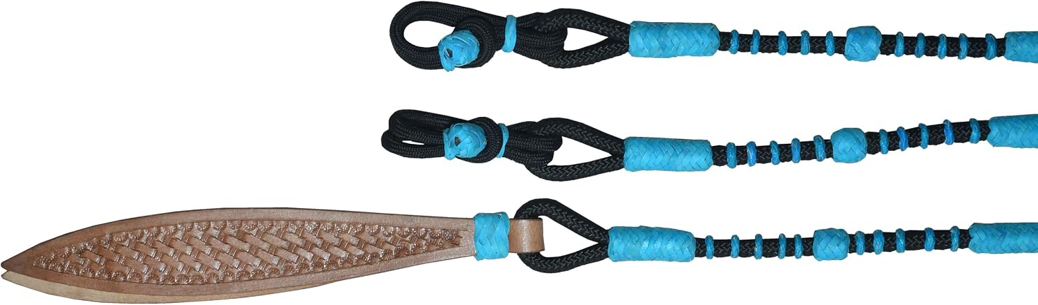 Hand-Braided Nylon Rope Romal Reins -Turquoise Knots and Raw Hide Leather - Exquisitely Crafted Horse Tack (Black)