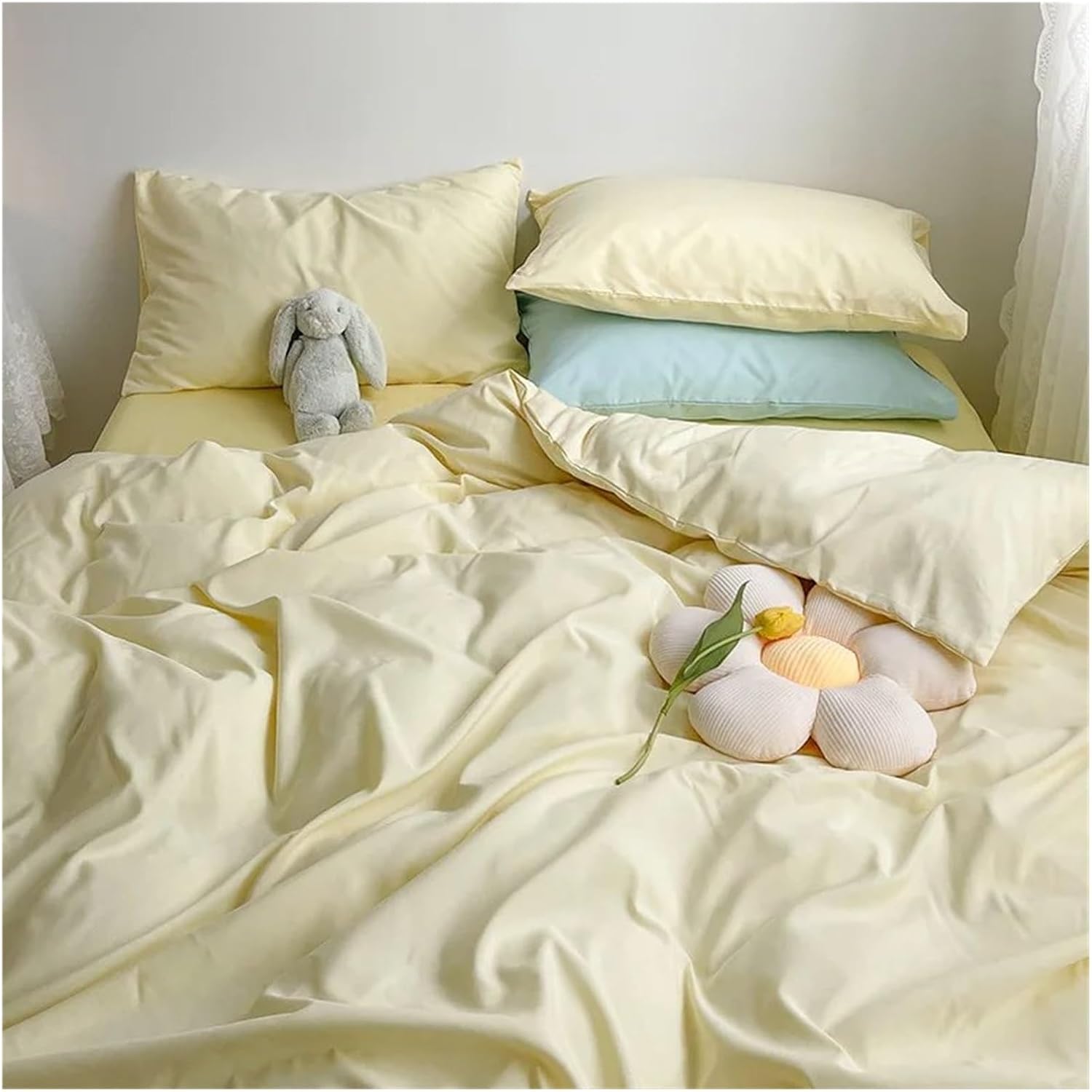 Bed, Bedding Set Washed Cotton Solid Color Simple Bed Sheet Quilt Cover Pillowcase Four-Piece Set