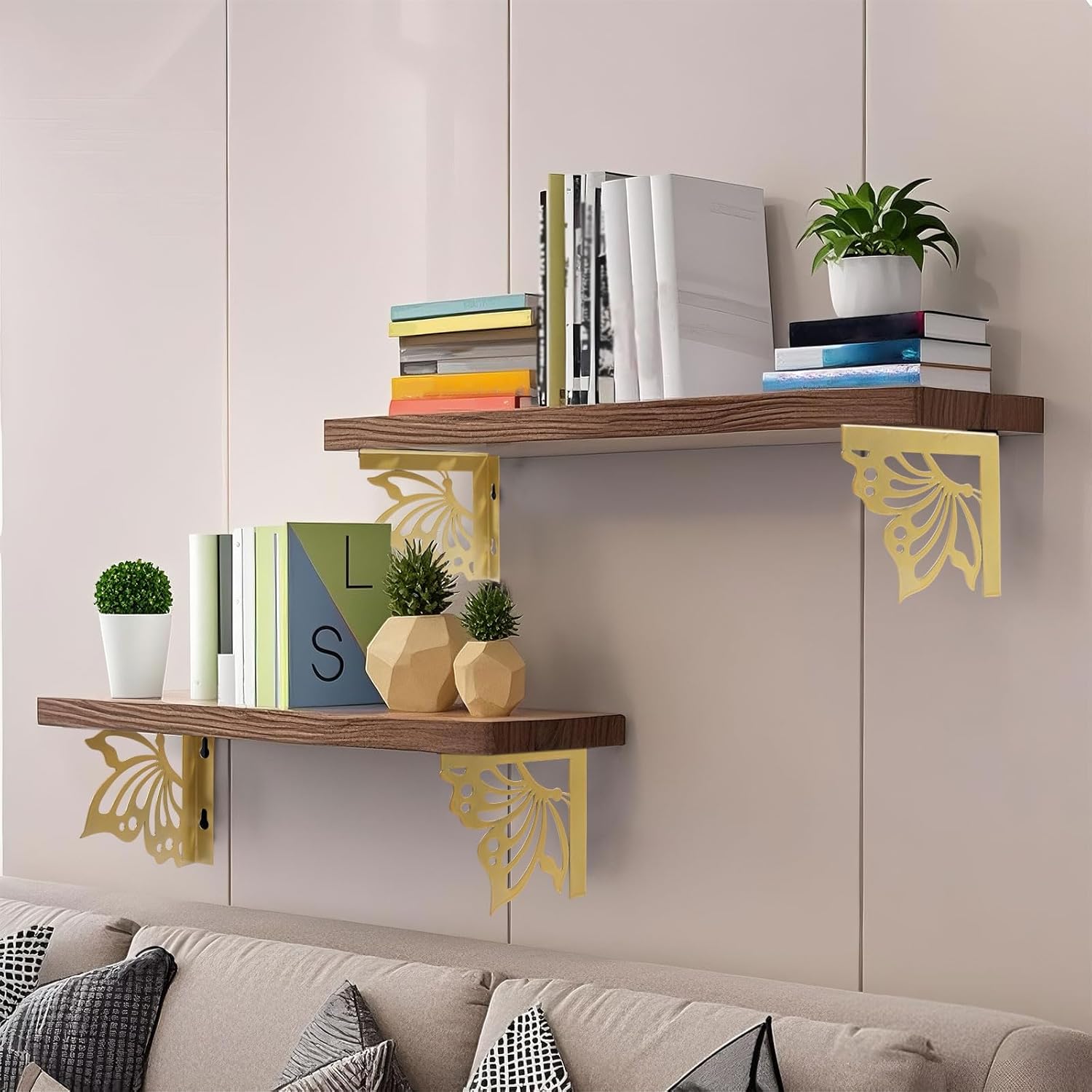 GLOBLELAND 4 Pcs Golden Shelf Brackets 4.6inch Butterfly Decorative Shelf Brackets Heavy Duty Iorn Antique Metal Floating Storage for Wall Kitchen Room Decorative Rack Shelves