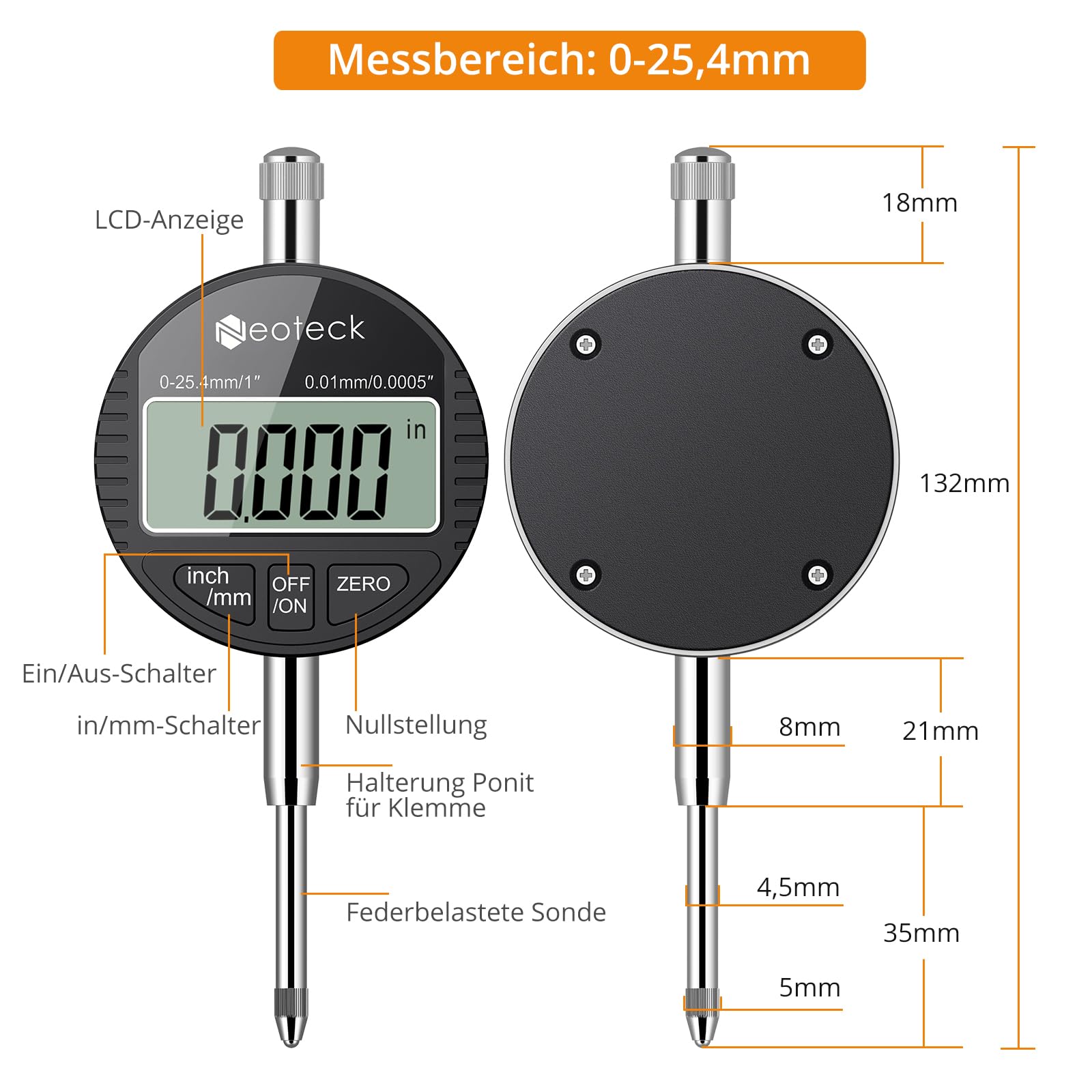 Neoteck Digitale Messuhr 0.01/0.0005'' Digital Messuhr Messtaster 0-25.4mm/1'' Digital Dial indicator Messgerät, für Labor, 3D Drucker, Werkstatt (Schwarz)