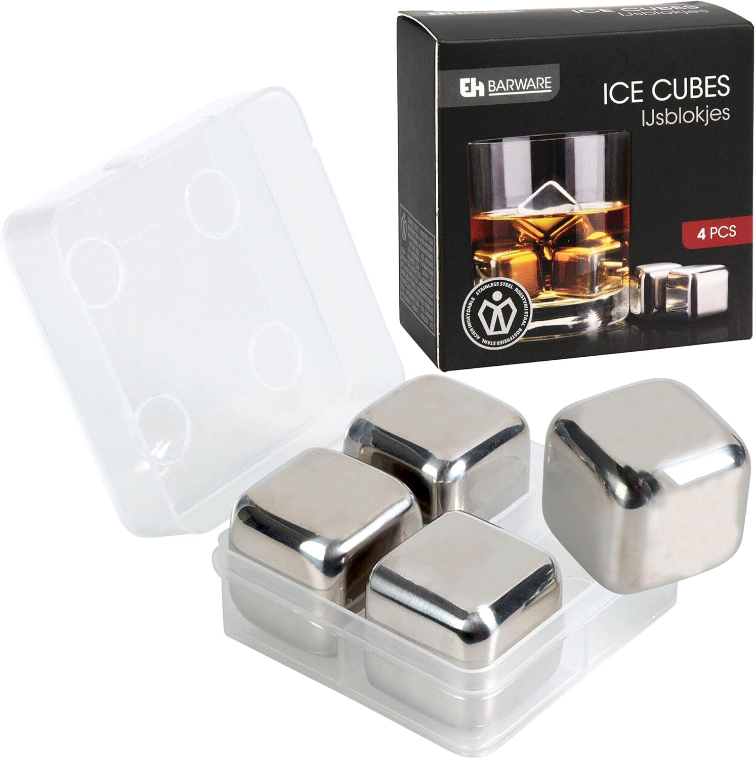 Stainless Steel Ice Cubes - Set of 4 in Box with Clip Ø2.7 cm