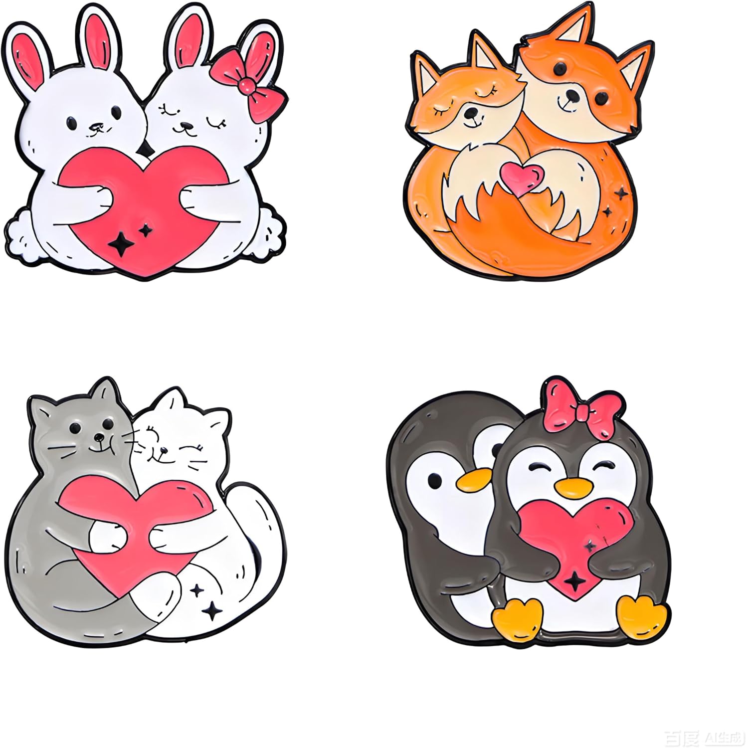 coadipress 4Pcs Couple Animal Brooches for Women Cute Cat Fox Rabbit Penguin Couple Heart Brooch Hug Animals Lapel Pins Valentine's Day Badge Embrace Jewelry