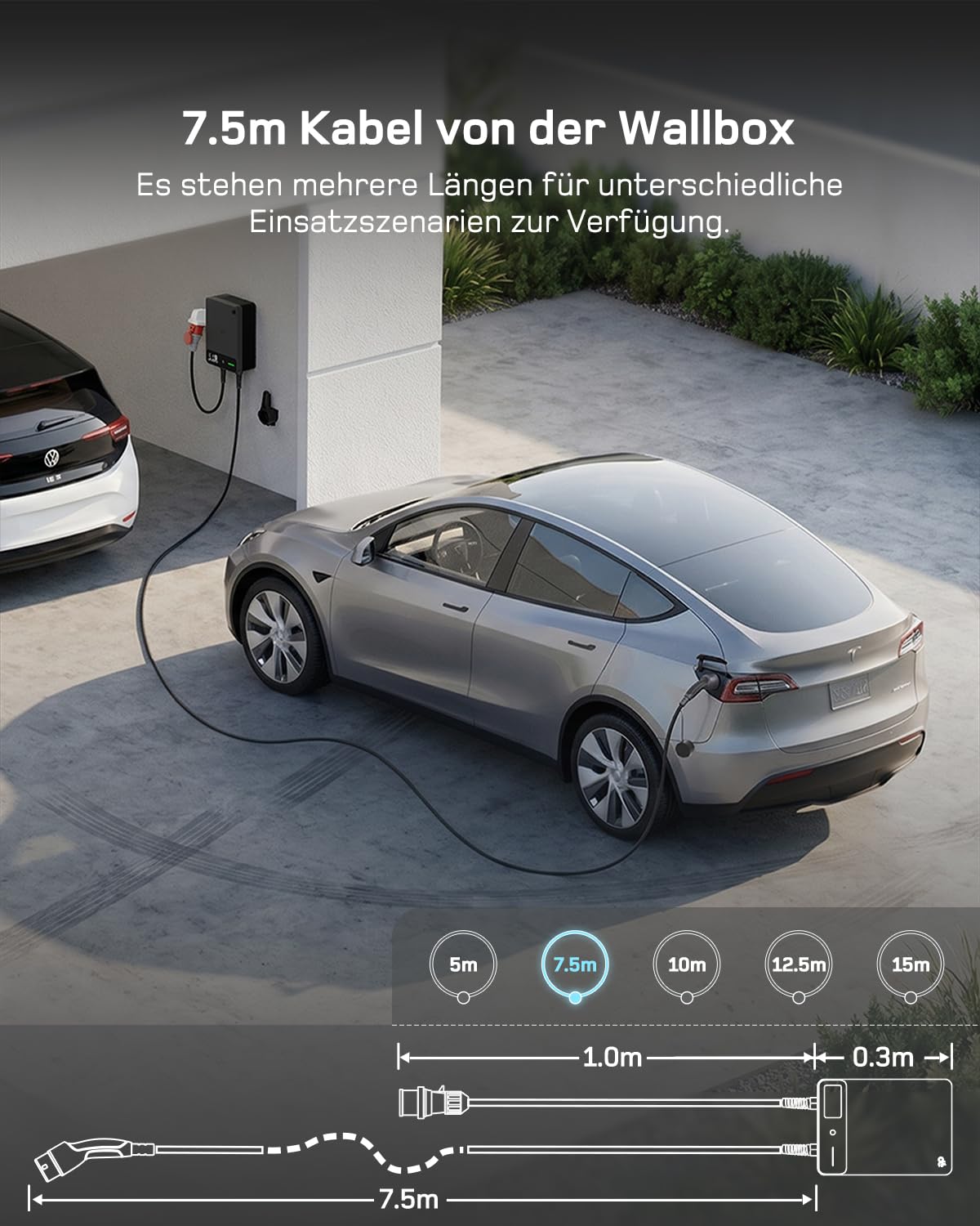 dé Wallbox 11kW mit APP, 7,5m Typ 2 Ladekabel mit Kabelhalter, 3-Phasen EV-Ladegerät (6-16A, 400V), für BEV/PHEV, RCD Type A 30mA AC + 6mA DC & IP54-Schutz, effiziente Ladestation für Zuhause, Schwarz