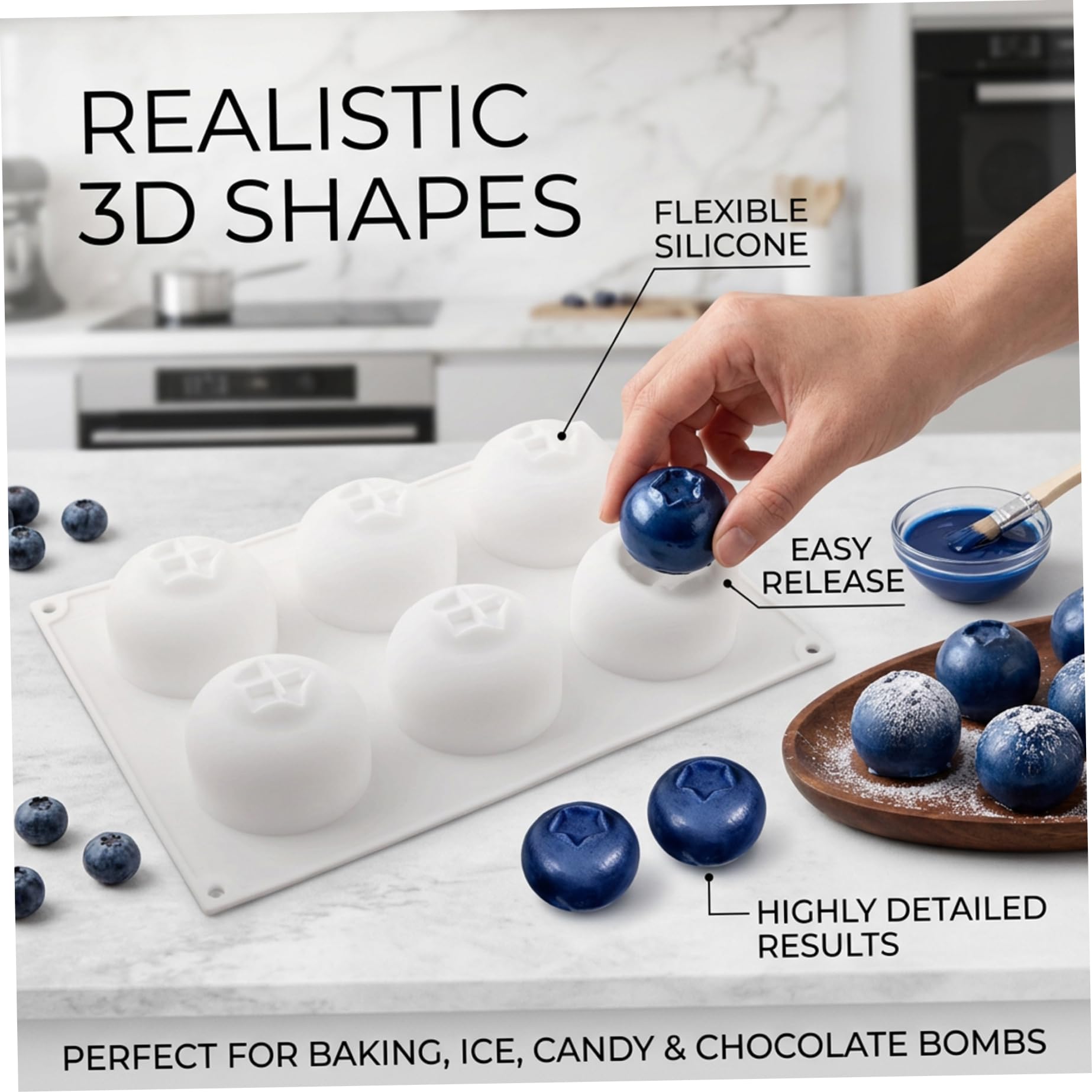 Stampi per snack alla frutta - Stampi per torta realistici con mousse ai mirtilli a 6 cavità, stampo in silicone alimentare a rilascio facile per snack, dessert, bianco, torta mousse, silicone alla f