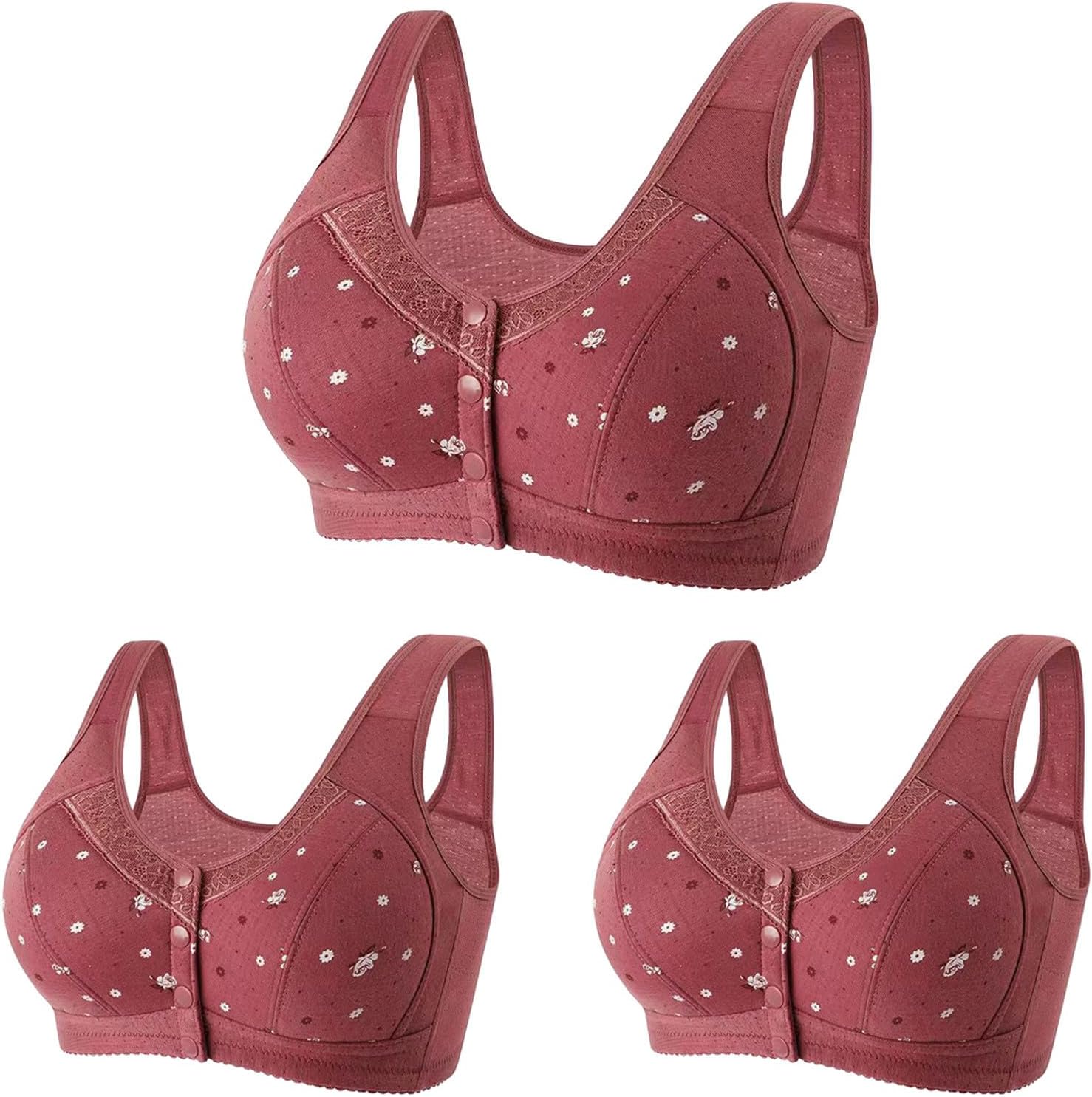 3PCS Front Fastening Bras Women Plus Size Full Coverage Push Up Bra Wireless Support Underwear Soft Ladie Bras Non Wired No Padded Everyday Bra Comfy Mastectomy Bralettes