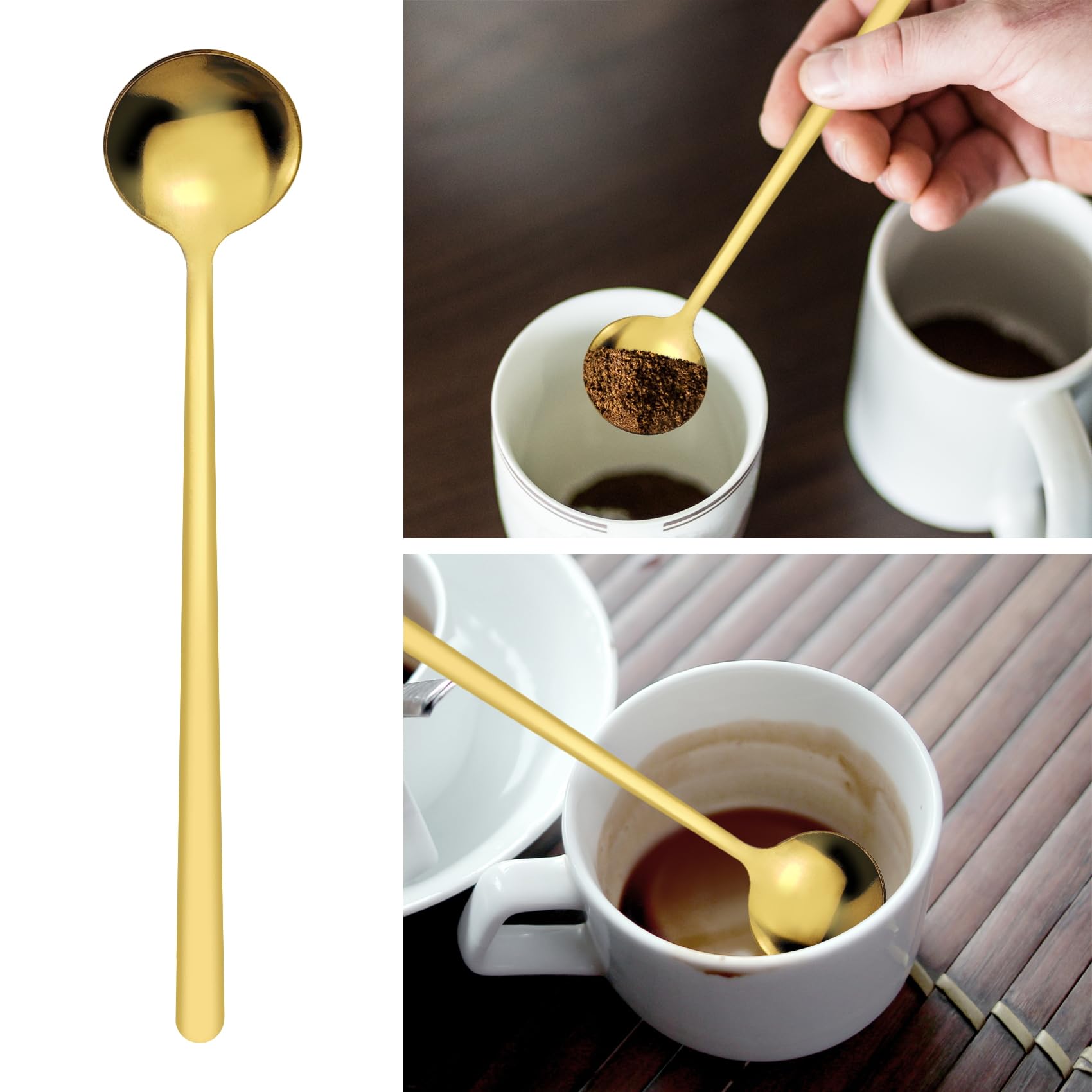 Paquete de 3 cucharas de café, cucharas redondas de postre, cucharas de té de acero inoxidable, cucharas de sopa, juego de cucharas pequeñas para chocolate, pasteles, helado (3, dorado)