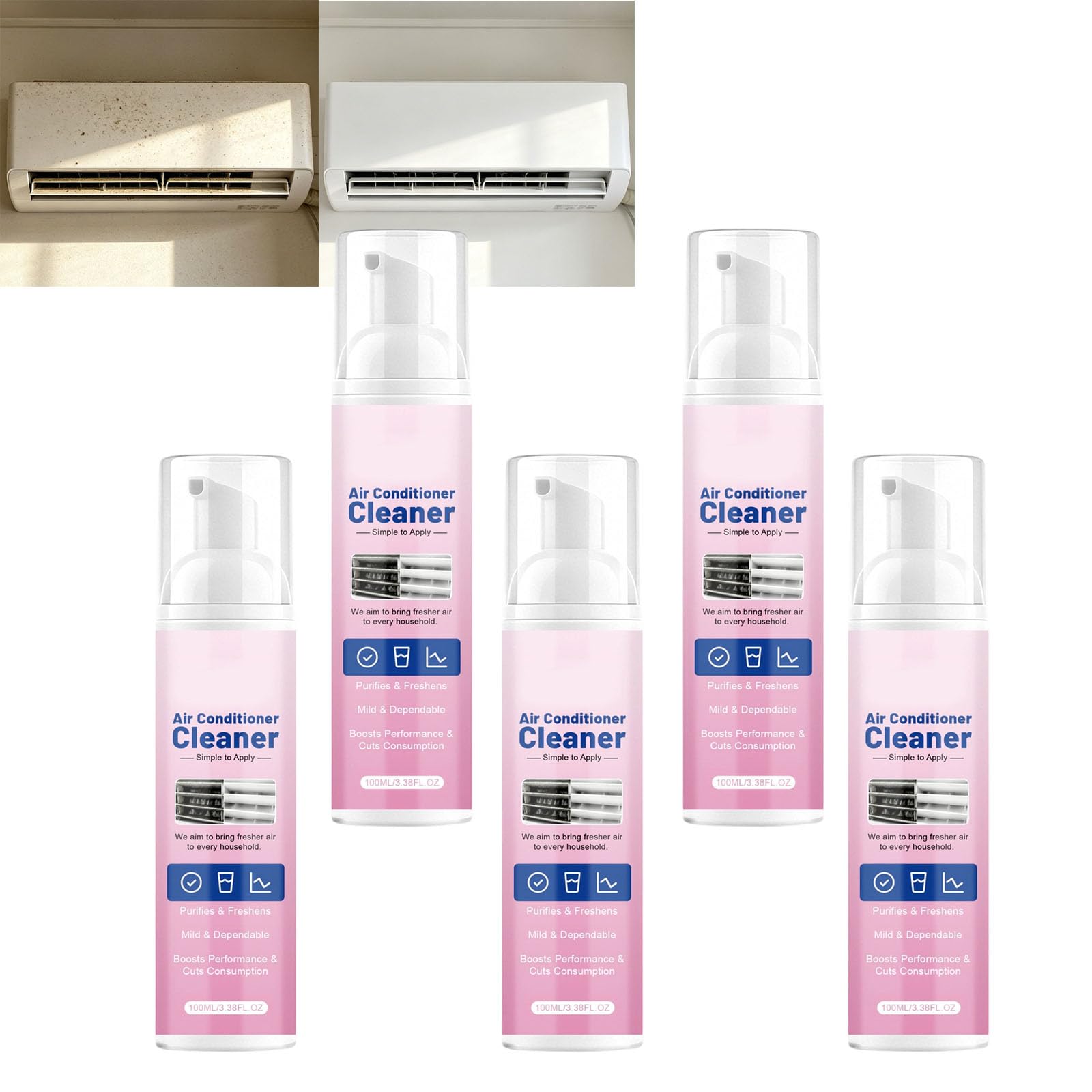 Ac Vent Cleaner, Easy Household Indoor Ac Maintenance Spray, No-Rinse Deep Cleaning Spray, Quick Acting Odor Removal Spr/ay, Freshens & Cleans Dust Build-Up Spr/ay A/c Coil Cleaner Foam (5 unidades)