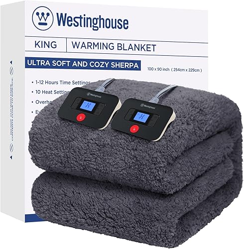 Westinghouse Manta eléctrica tamaño King, manta térmica de felpa suave Sherpa con 10 niveles de calefacción y 1-12 horas de apagado automático, Westinghouse Manta eléctrica tamaño King, manta térmica de felpa suave Sherpa con 10 niveles de calefacción y 1-12 horas de apagado automático,