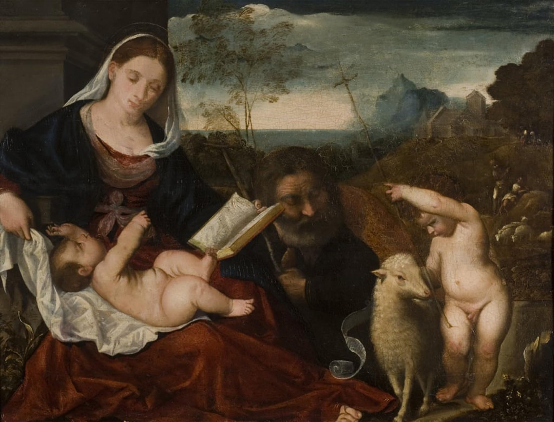 ARTXLXXBN Famous Print Painting Colorful Art Print the Holy Family with Saint John by Tiziano Vecelli Canvas Art Decorations for Home Decor 60x90cm