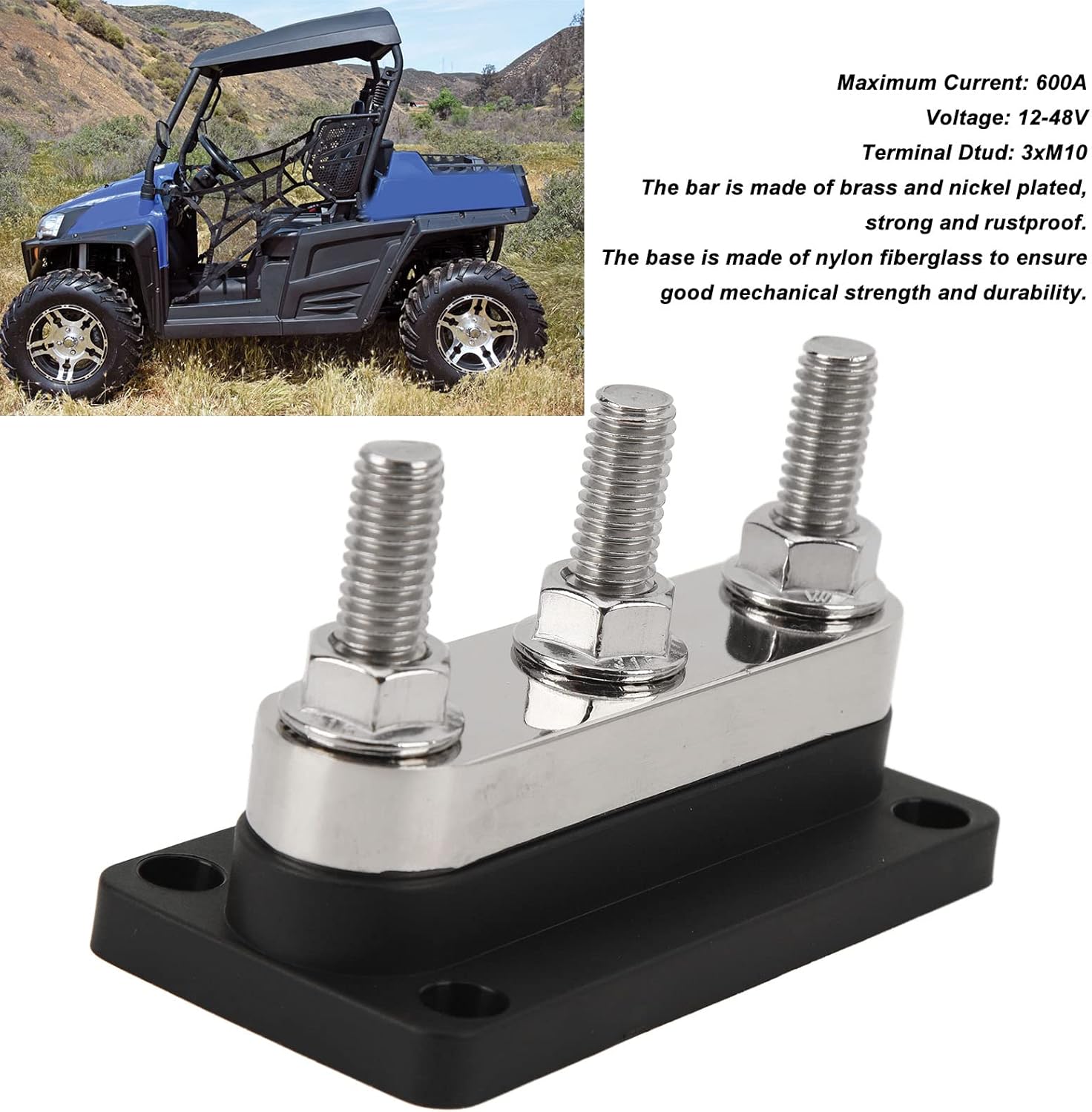 12-48V 600A Power Distribution Block 3 Studs M10 Battery Junction Bus Bar for Car Trucks RVs Marine - Durable Brass Plated, Easy Installation for Industrial Equipment (Black)