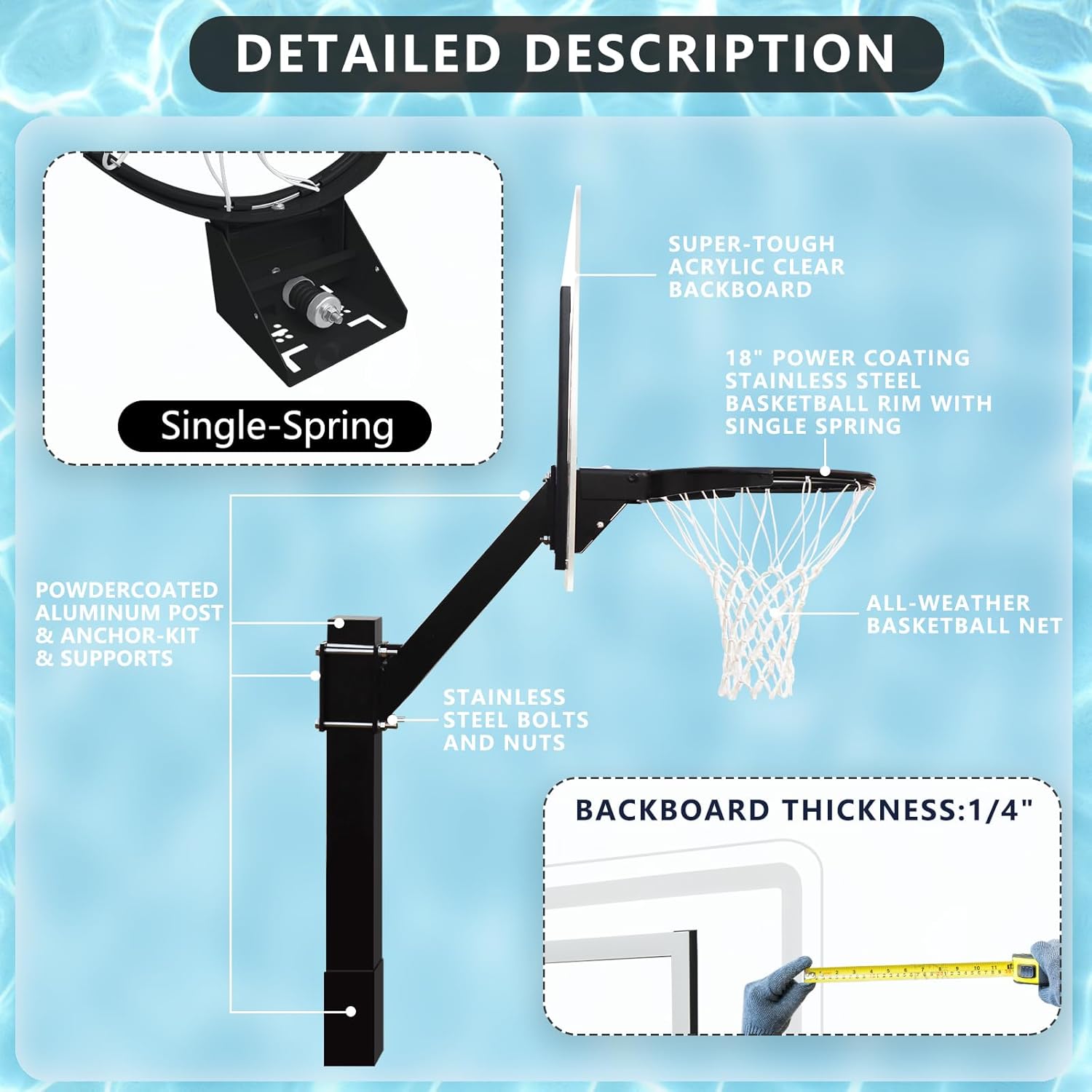 PROGOAL Aluminum Shot and Dunk Poolside Basketball Hoop - In Ground Removable Rust-Resistant Adjustable Height Pool Basketball Game System with Clear Backboard 1/2 Springs Rim and Three Balls