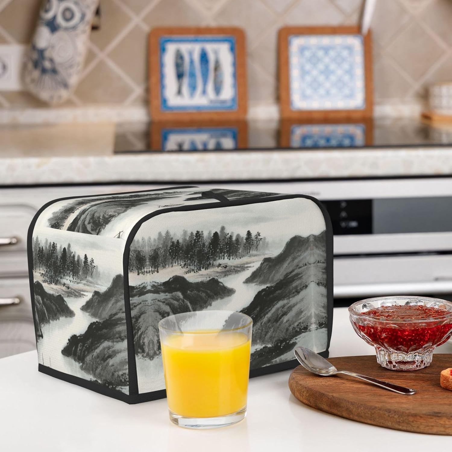 Ink Landscape4 Toaster Cover 2 Slice, Waterproof Bread Machine Covers with Pockets Universal Size Kitchen Small Appliance Cover with Handle, Dust and Fingerprint Protection