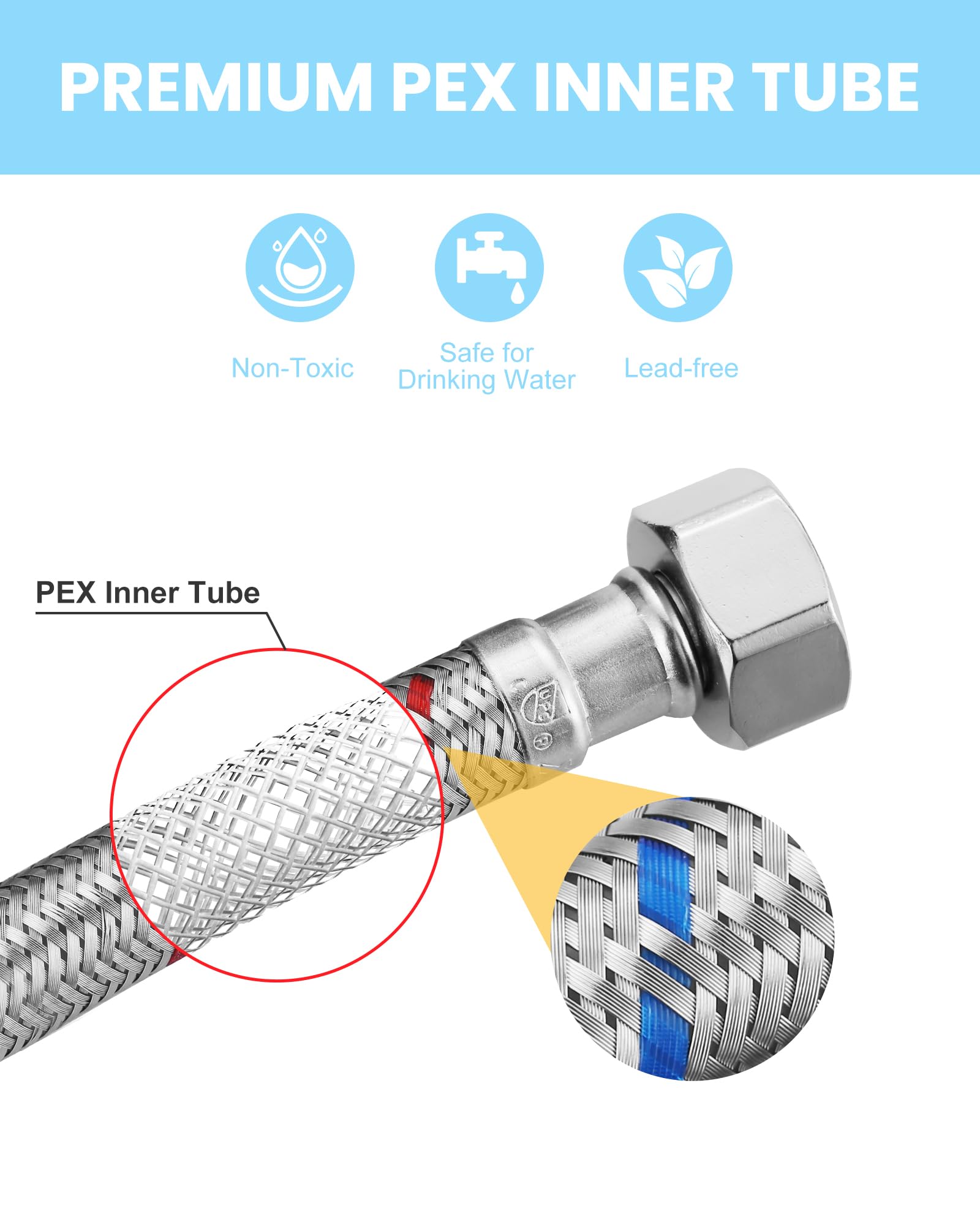 Conduites d'alimentation de robinet de 182,9 cm : connecteur de tuyau flexible tressé en acier inoxydable – Compression de 0,95 cm x 1,27 cm – Conduites d'alimentation en eau FIP pour robinet