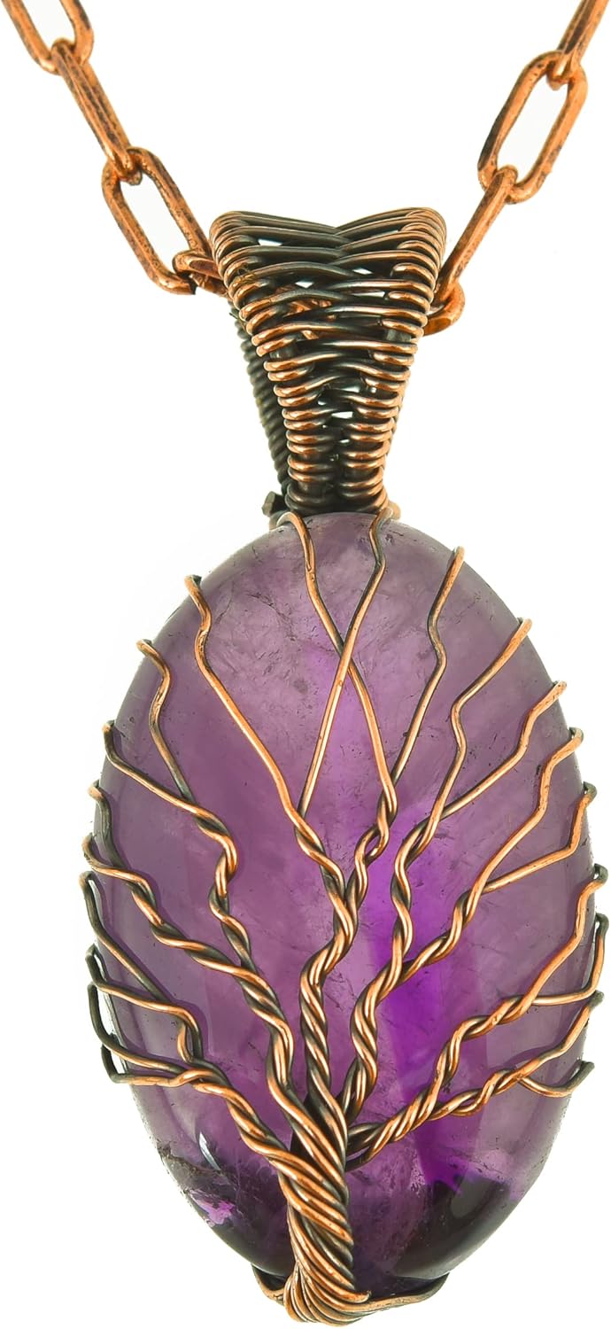 Tree Of Life Natural Gemstone Pendant Copper Wire Wrapped Jewelry Necklace - Image 2