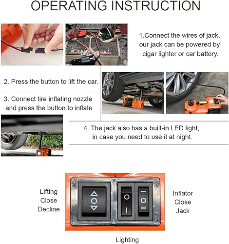 Miniatura 7 de DOLUNTO 12 V 5 toneladas 3 en 1 gato hidráulico eléctrico para inflar neumáticos y juego de linterna LED (color naranja)