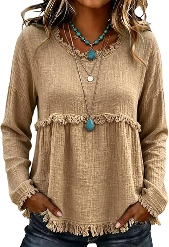 Shiketong Western Boho Tops for Women Long Sleeve Fringe Gauze Top Khaki