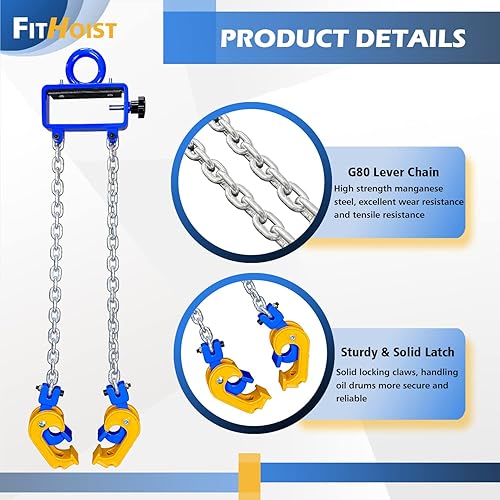 Miniatura 18 de Levantador de tambor de cadena actualizado 1 tonelada (2200 libras) de capacidad vertical Gancho de acero al carbono con resorte integrado
