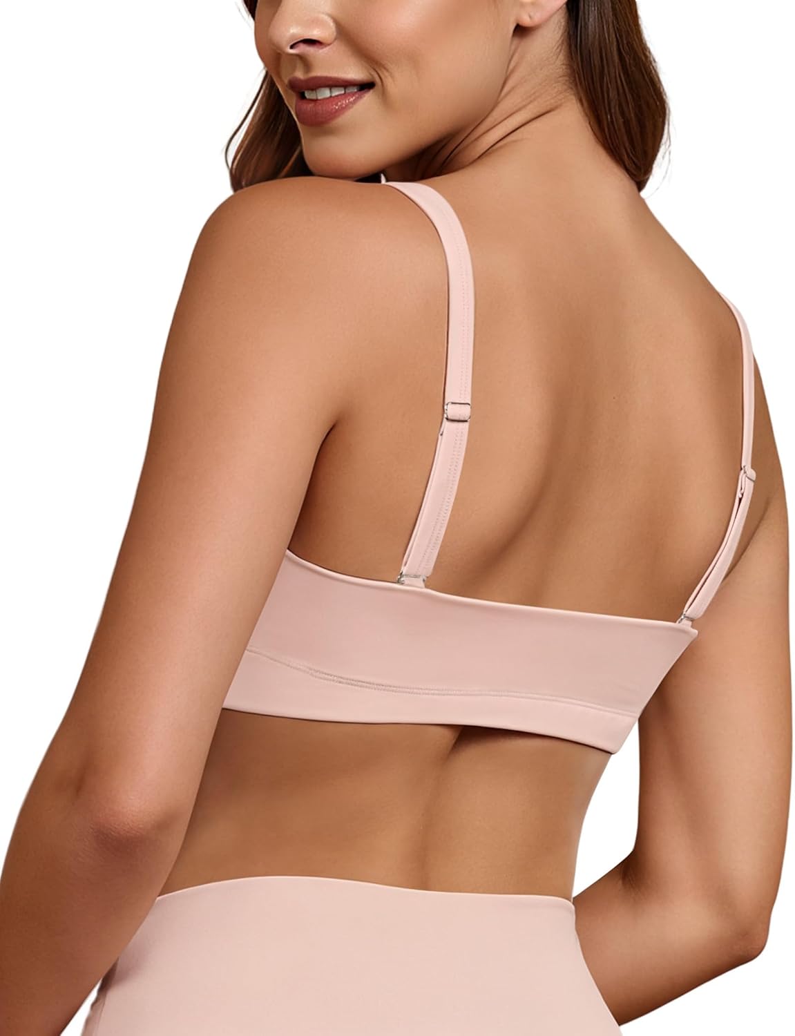 Buauty U Neck Sports Bra for Women, Adjustable Thin Straps Padded Push up Women's Sport Bras, Light Support Bra, Low Impact Spaghetti Strap Sport Racerback Bras Light Pink S - Image 2