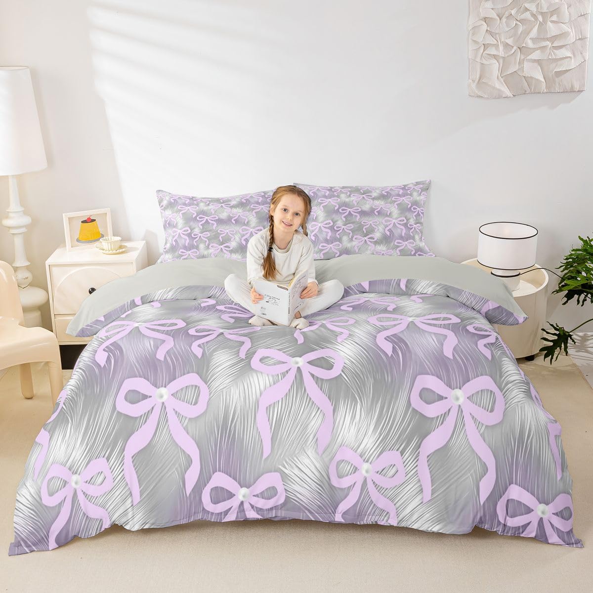 Bowknot zestaw pościeli z motywem motyla, koraliki, gradient, poszwa na kołdrę L dla dorosłych, romantyczny styl dla dziewcząt, szary, fioletowy, pościel zawiera 1 poszwa na kołdrę 200 x 200 cm + 2