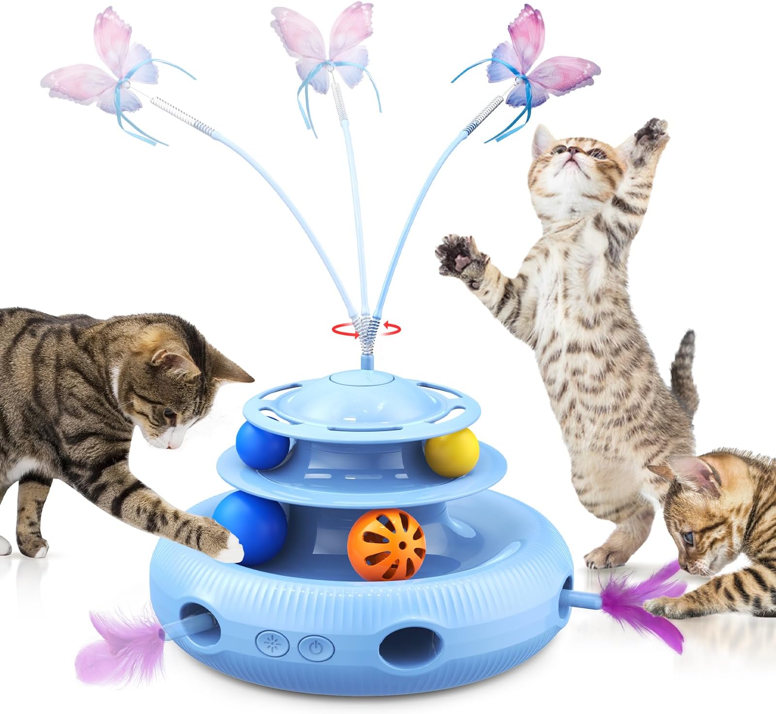 AIDIAM Cat Toys, 4-in-1 Rechargeable Automatic Interactive Cat Toy with Fluttering Butterfly, Random Moving Ambush Feather, Two-Tier Track Balls, 5H Smart Standby, Touch-Activated (Blue)